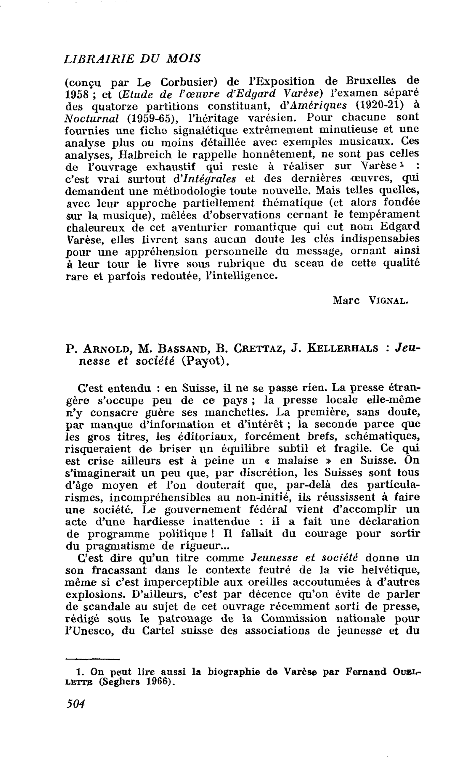 P. Arnold, M. Bassand, B. Crettaz, J. Kellerhals : Jeunesse et société