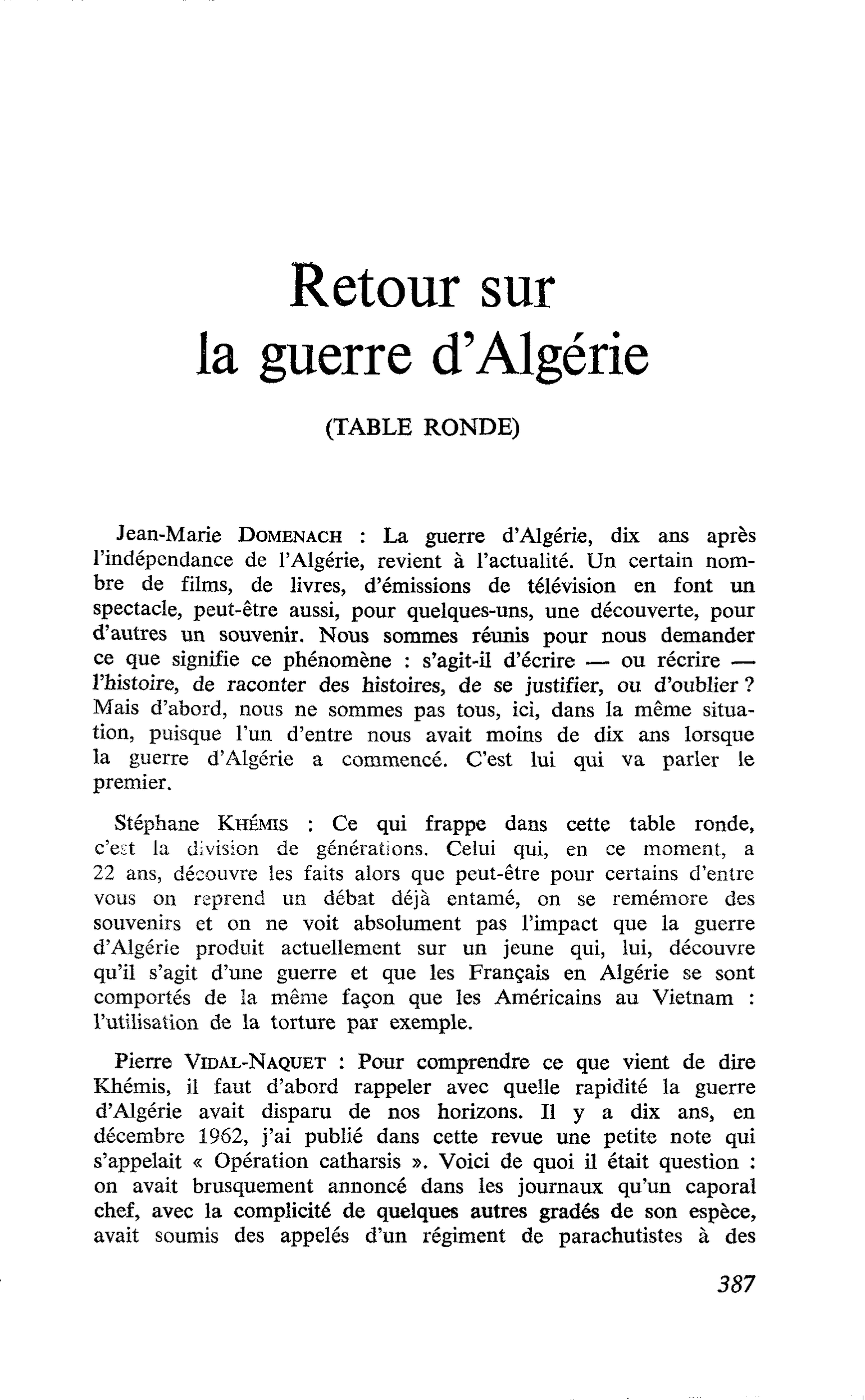 Retour sur la guerre d’Algérie (TABLE RONDE)