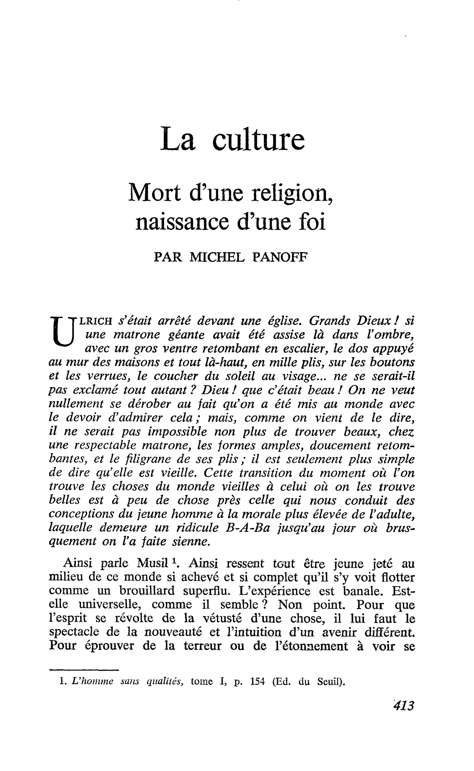 La culture. Mort d’une religion, naissance d’une foi