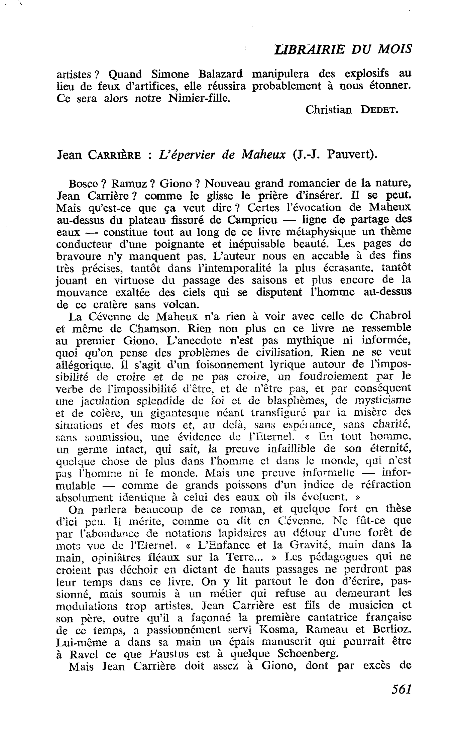 Jean CarriÈre : L’épervier de Maheux
