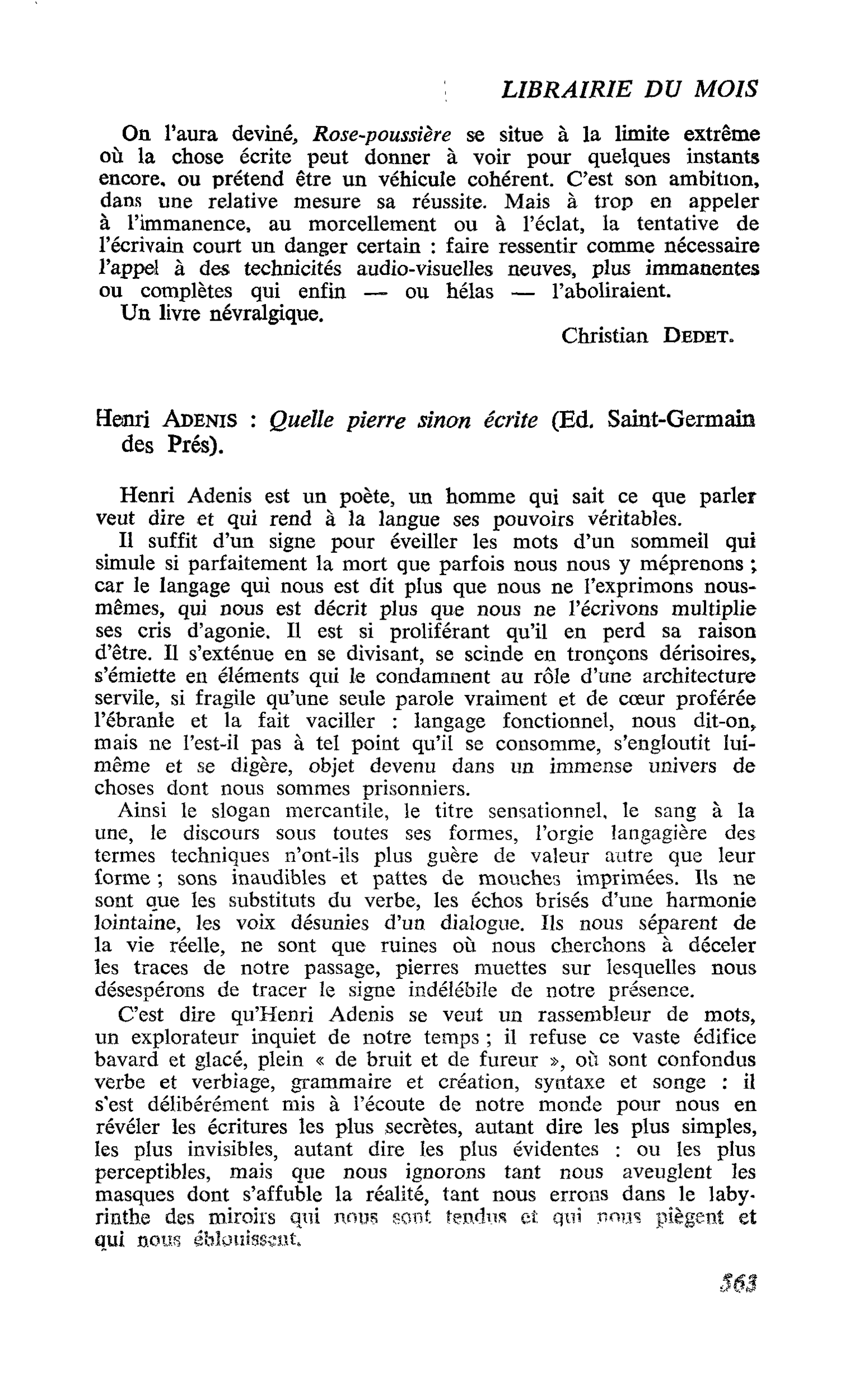Henri Adenis : Quelle pierre sinon écrite