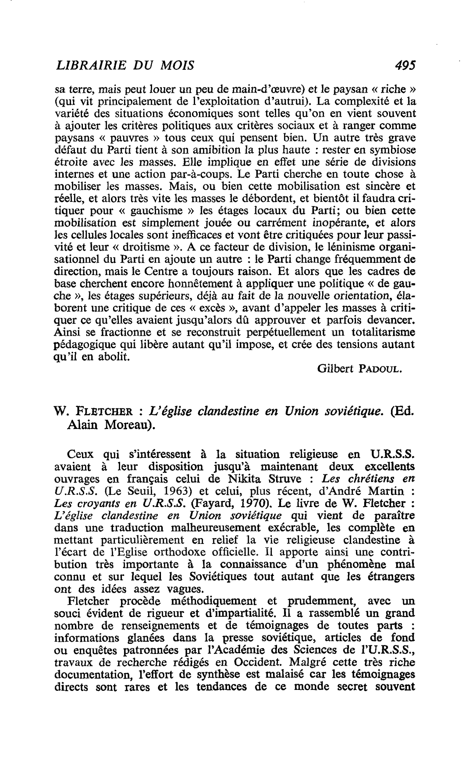 W. Fletcher : L’église clandestine en Union soviétique.