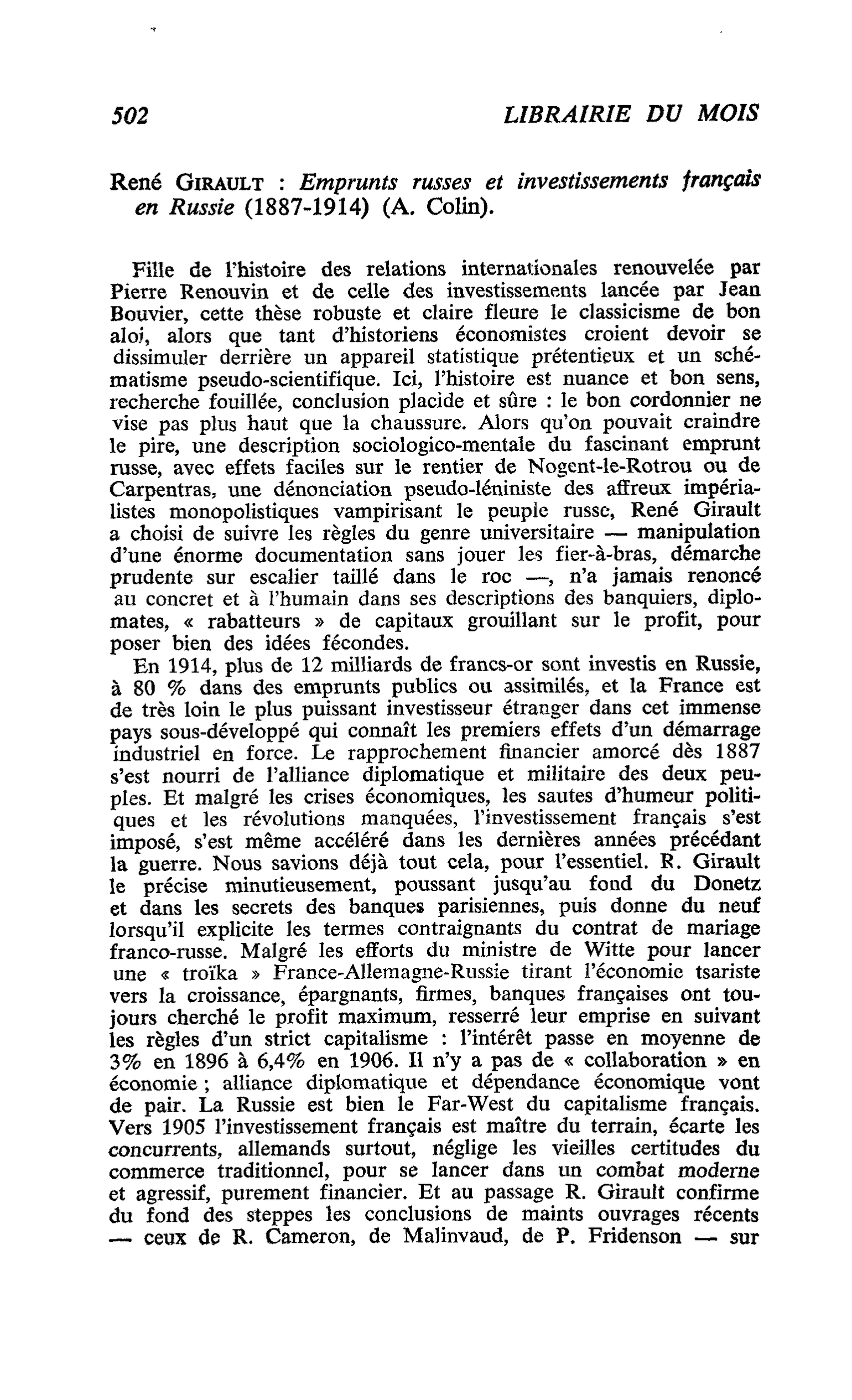 René Girault : Emprunts russes et investissements français en Russie (1887-1914)