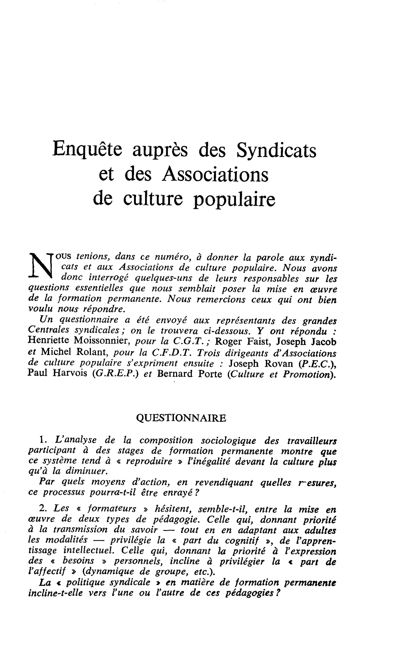 Enquête auprès des Syndicats et des Associations de culture populaire