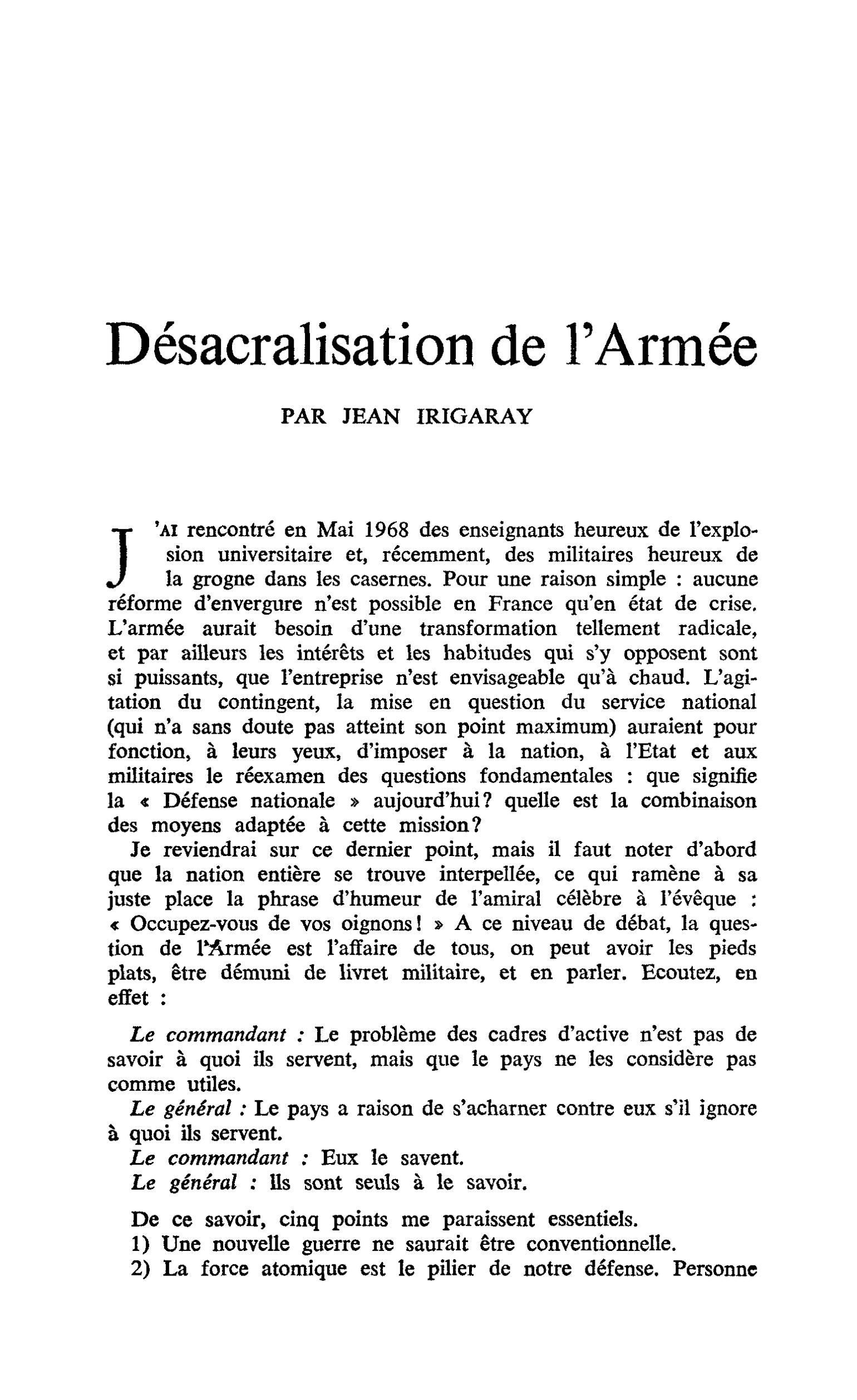 Désacralisation de l’Armée