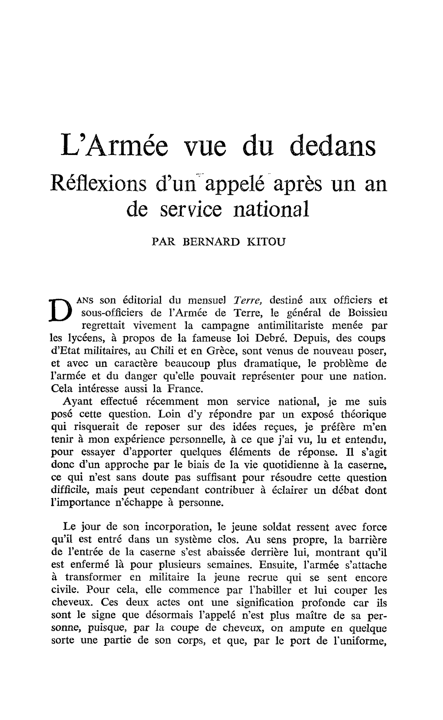 L’Armée vue du dedans. Réflexions d’un appelé après un an de service national