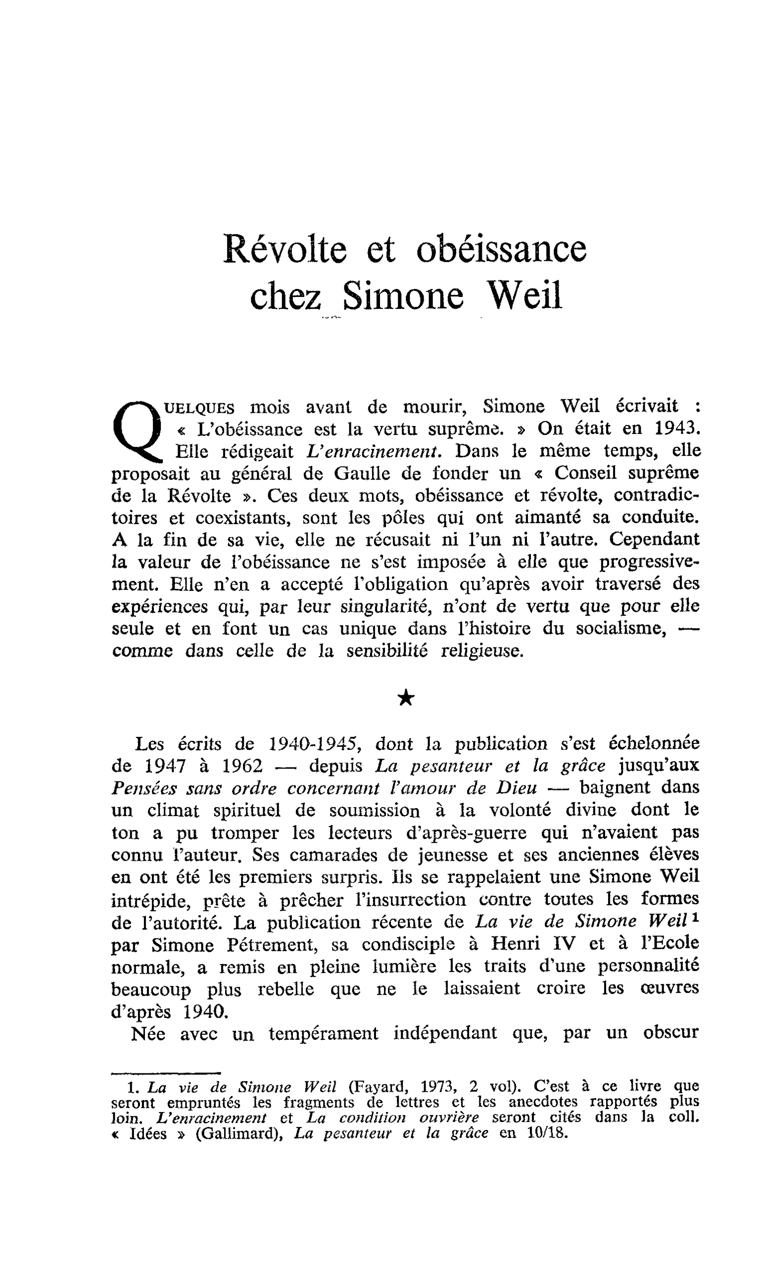 Révolte et obéissance chez Simone Weil