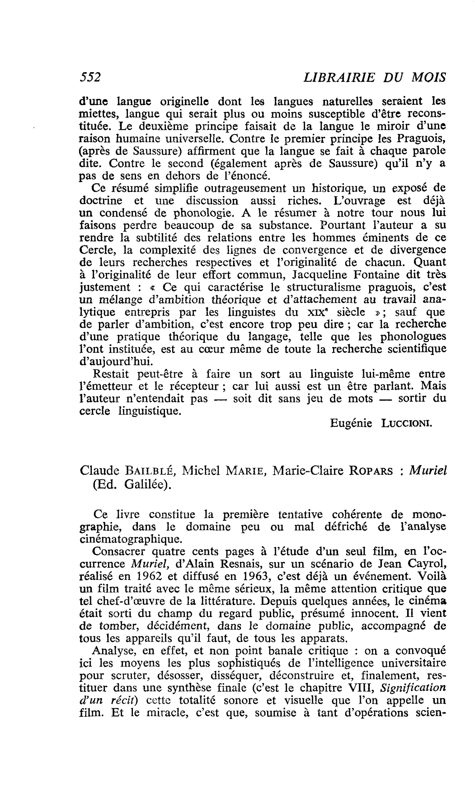 Claude BAILBLÉ, Michel MARIE, Marie Claire ROPARS : Muriel