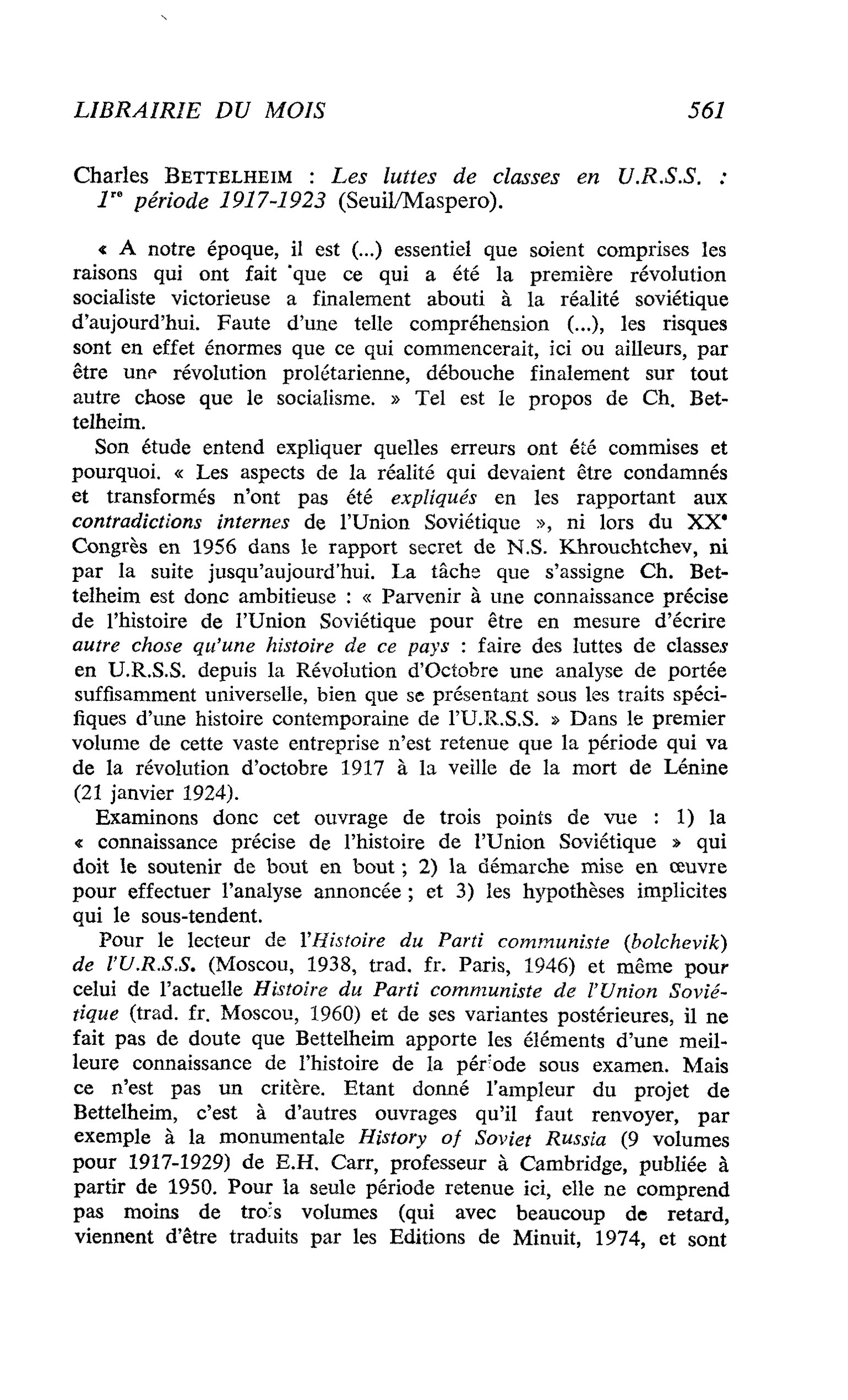 Charles BETTELHEIM : Les luttes de classes en U.R.S.S. : 1er période 1917-1923