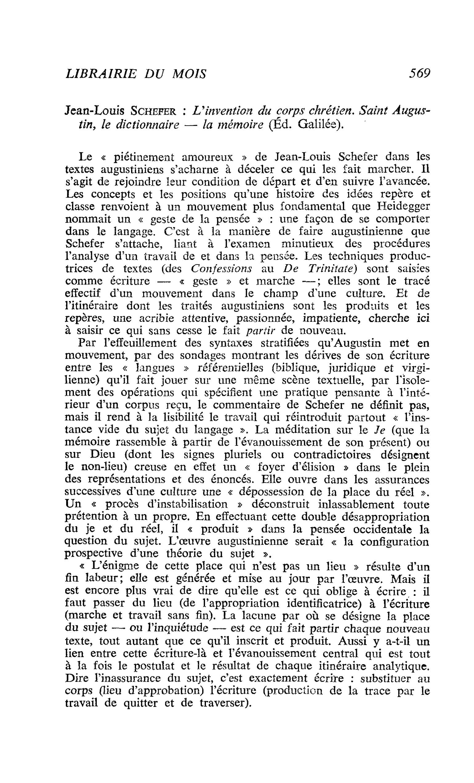 Jean-Louis Schefer : L’invention du corps chrétien. Saint Augustin, le dictionnaire, la mémoire