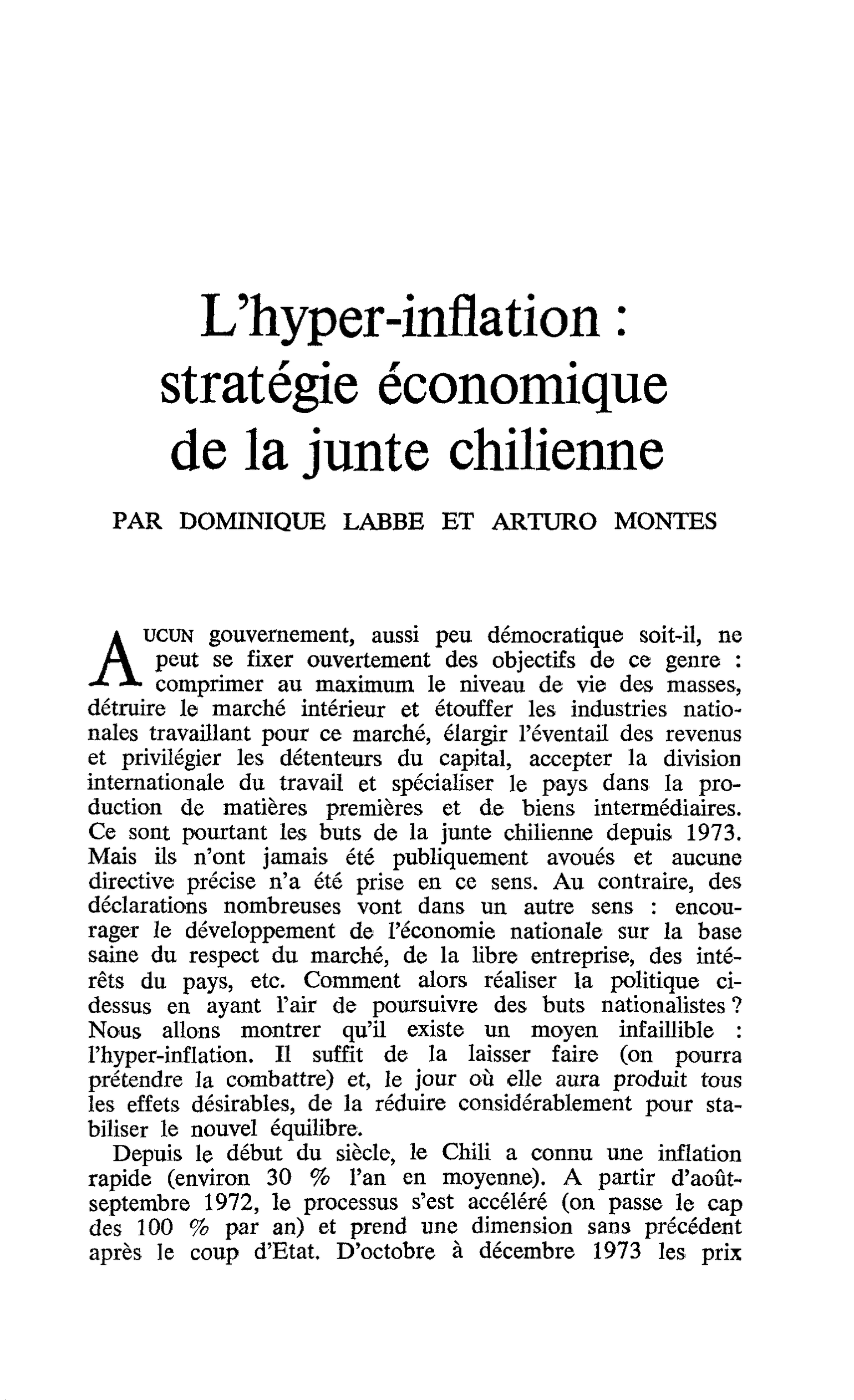 L’hyper-inflation : stratégie économique de la junte chilienne