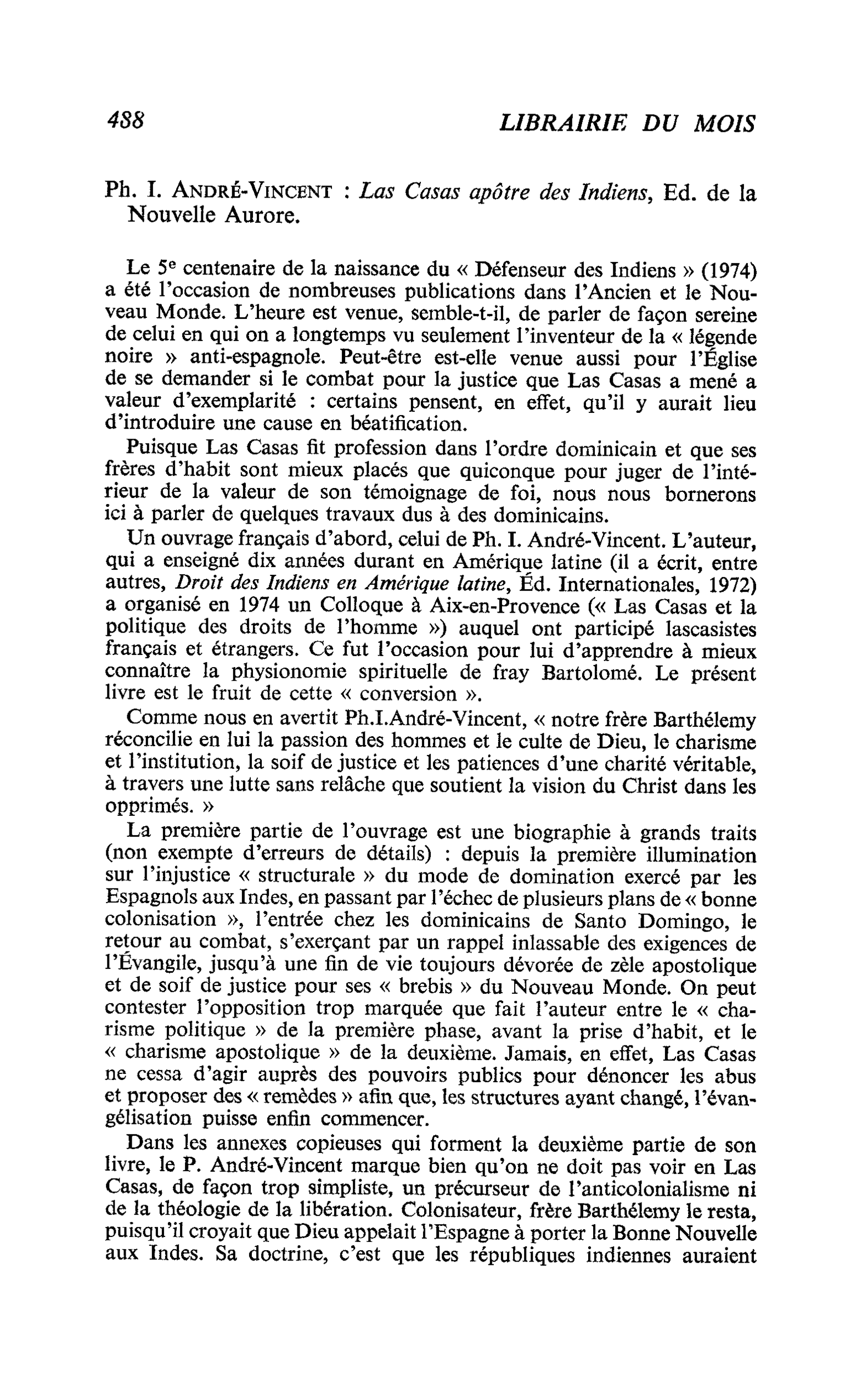 Ph. I. André-Vincent : Las Casas apôtre des Indiens