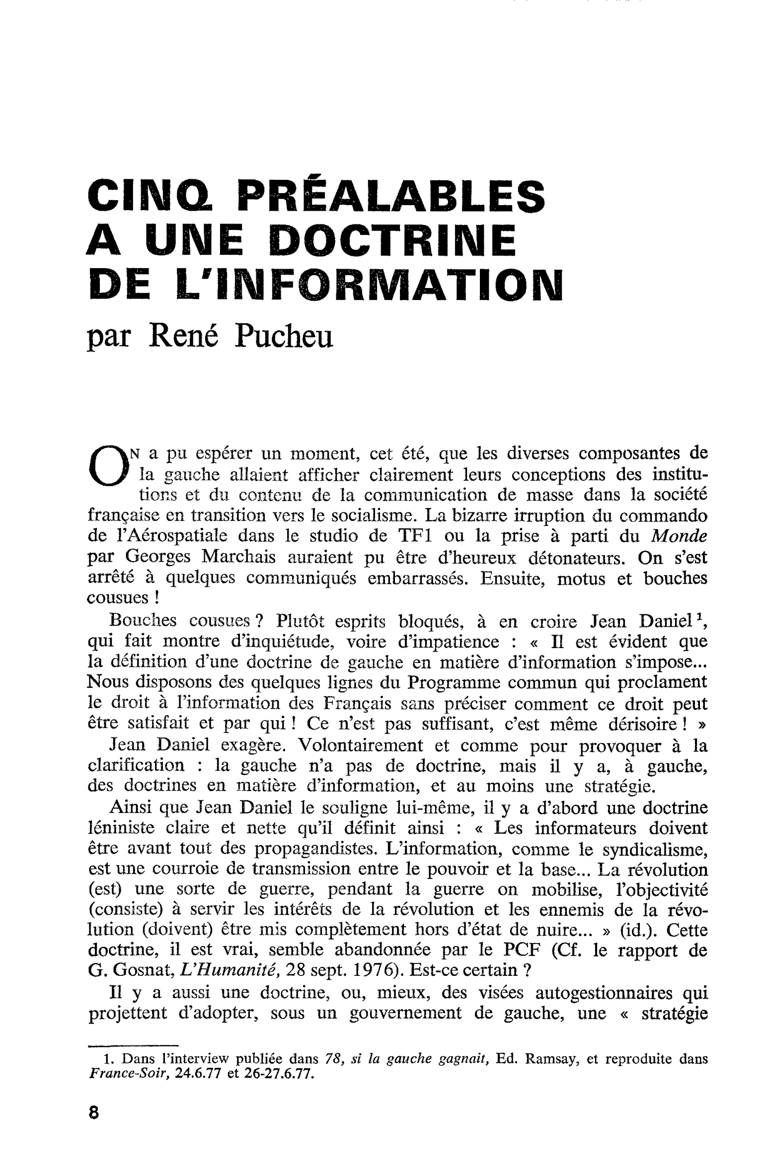 CINQ PRÉALABLES A UNE DOCTRINE DE L’INFORMATION
