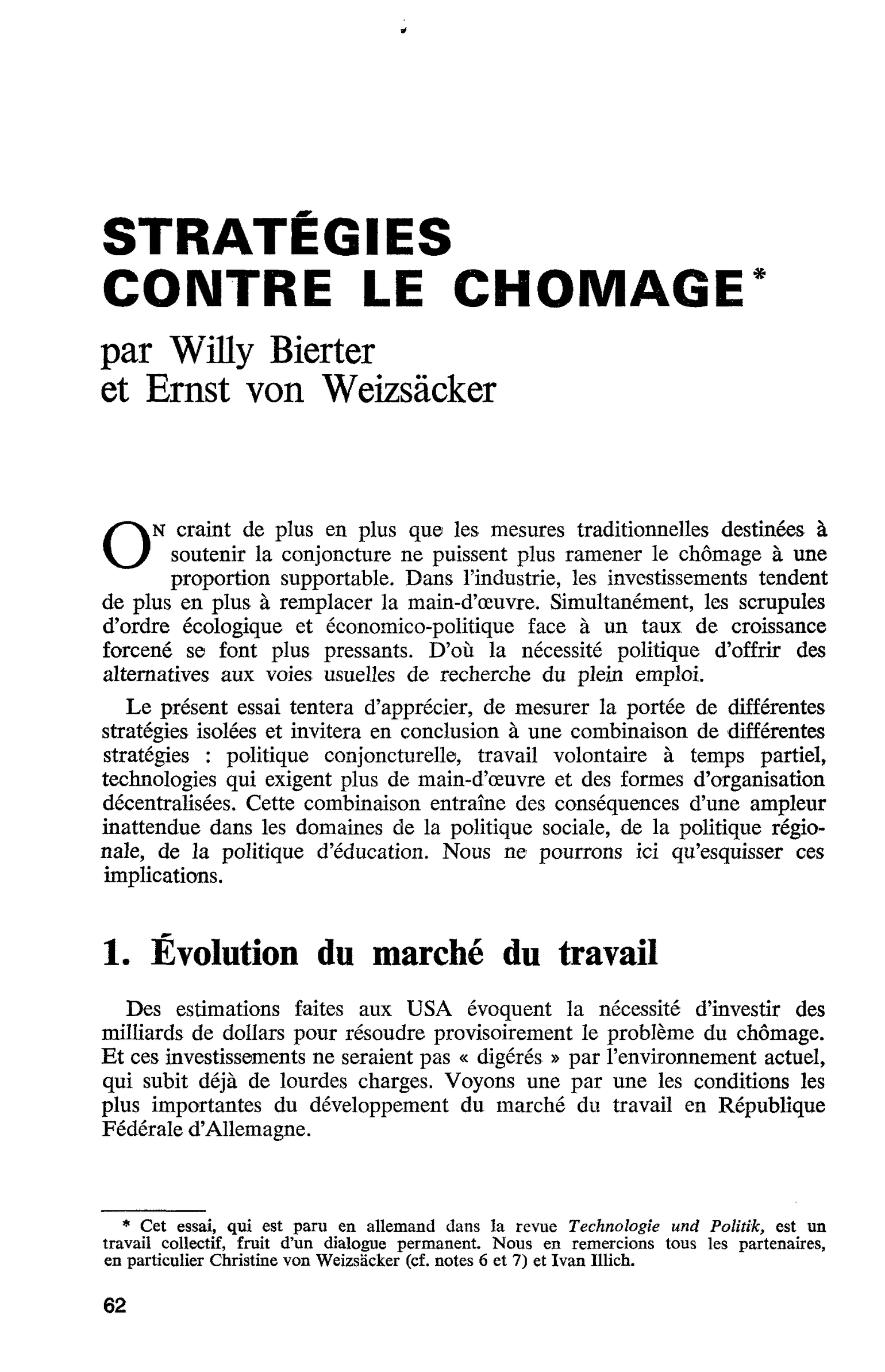 STRATÉGIES CONTRE LE CHOMAGE