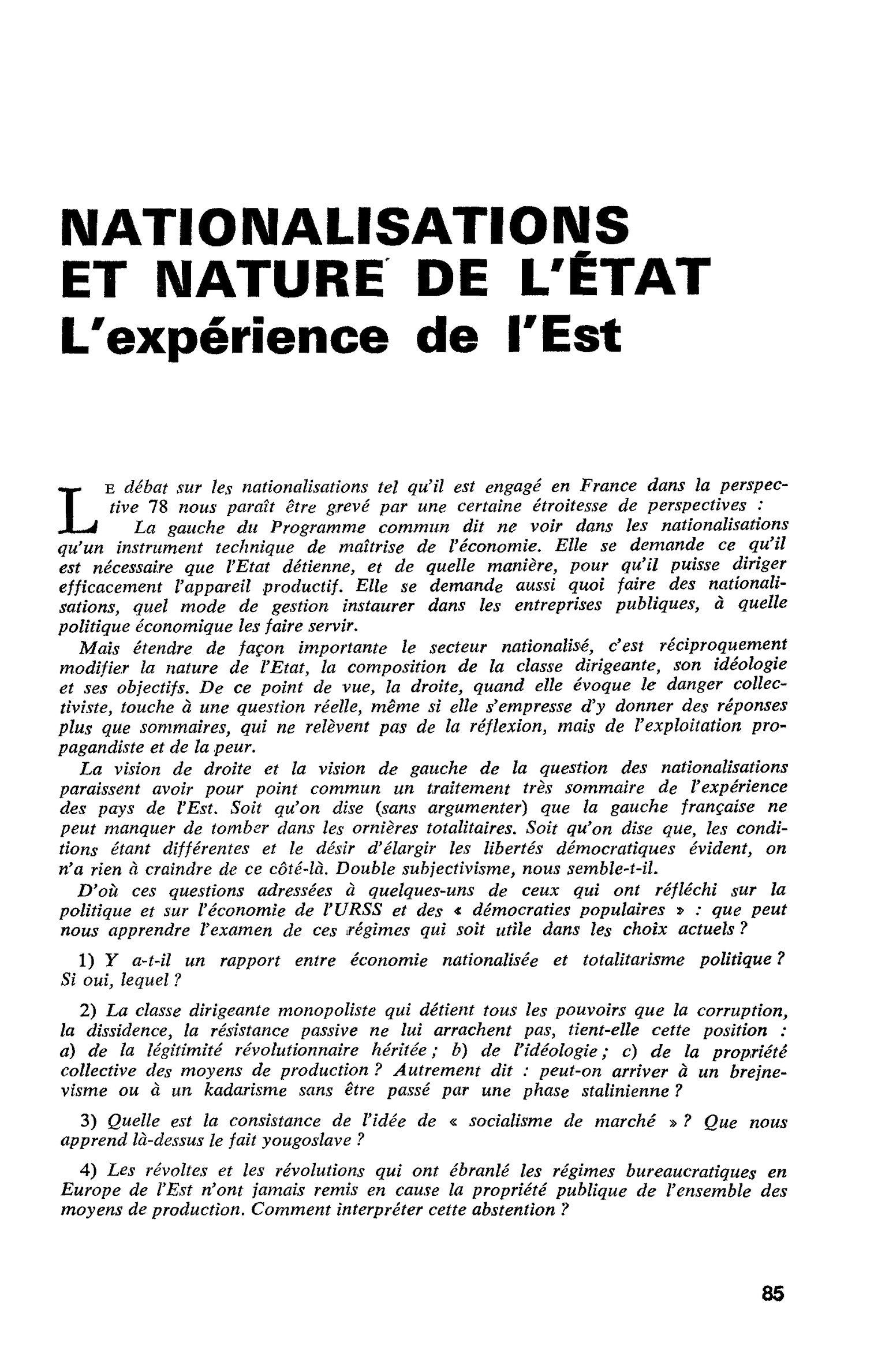 NATIONALISATIONS ET NATURE DE L’ÉTAT. L’expérience de l’Est