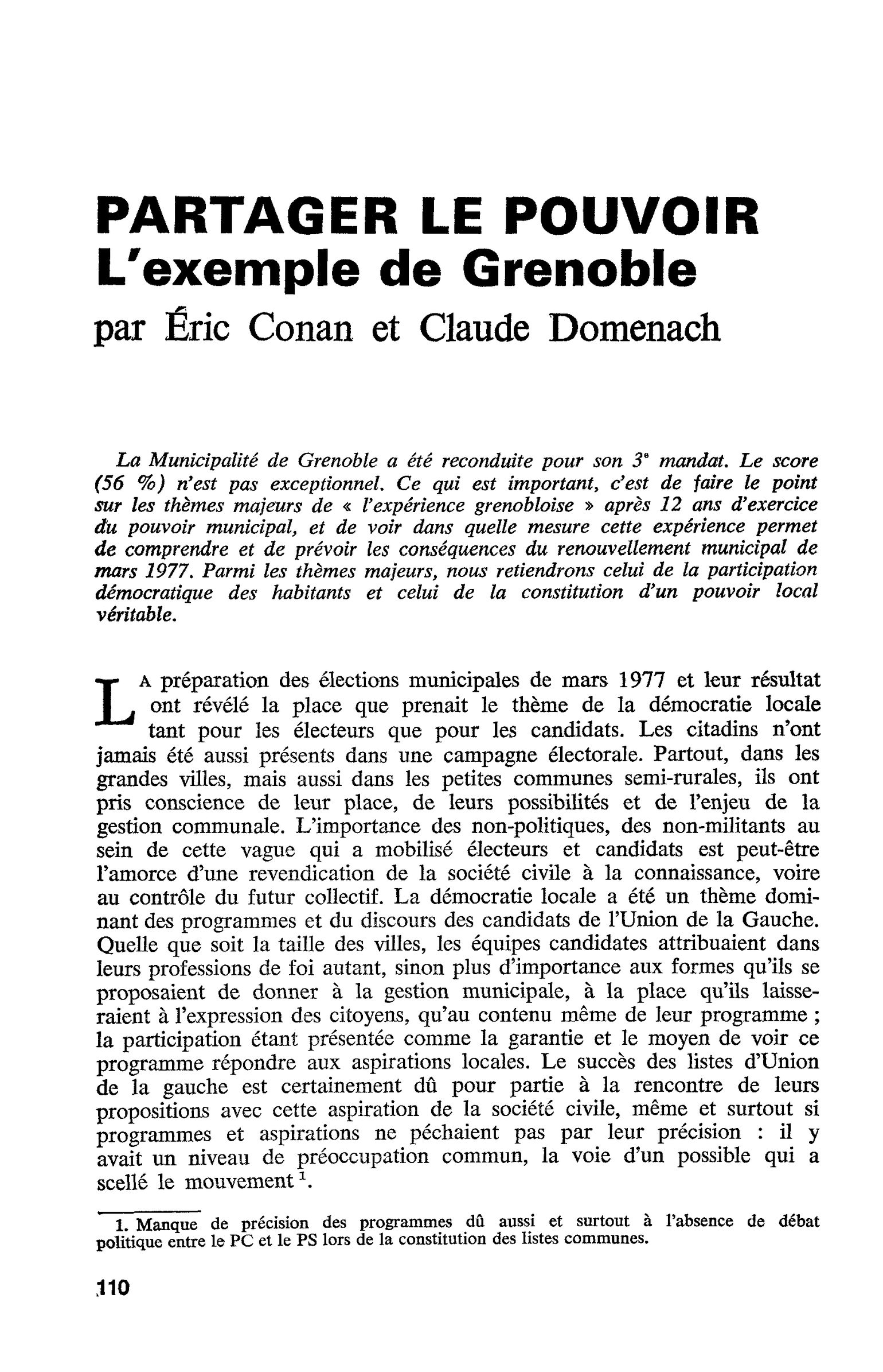 PARTAGER LE POUVOIR. L’exemple de Grenoble