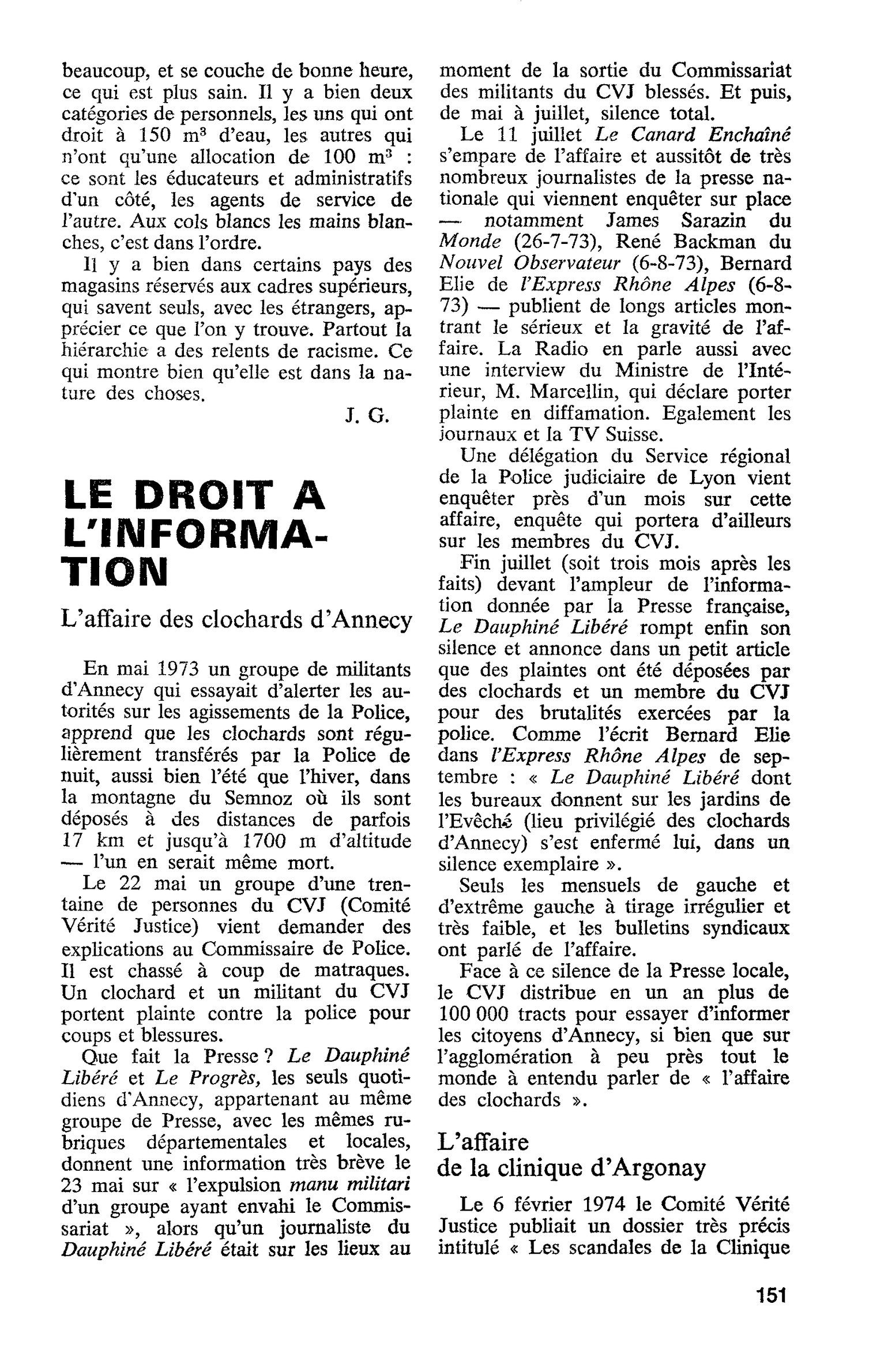 LE DROIT A L’INFORMATION. L’affaire des clochards d’Annecy