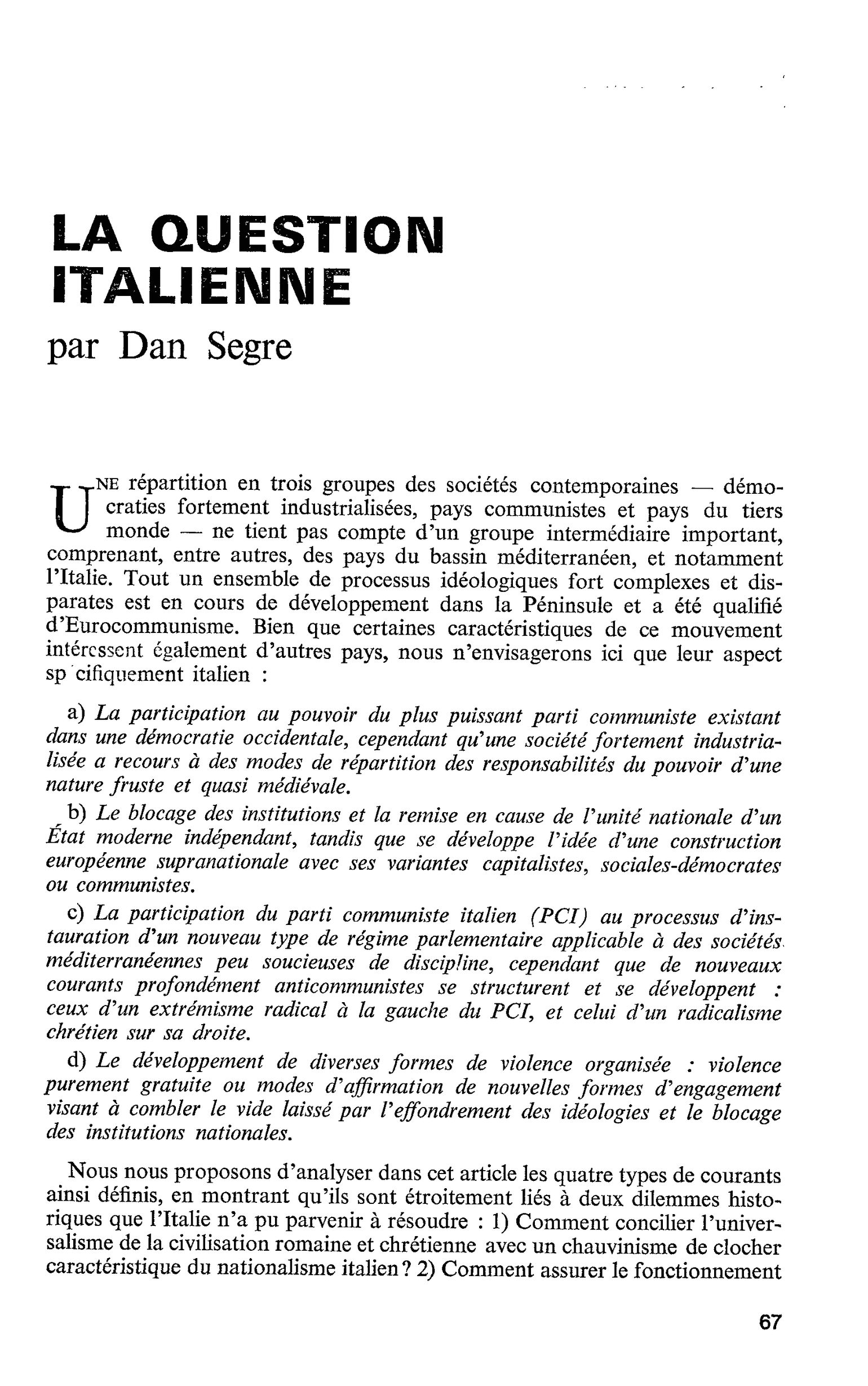 LA QUESTION ITALIENNE
