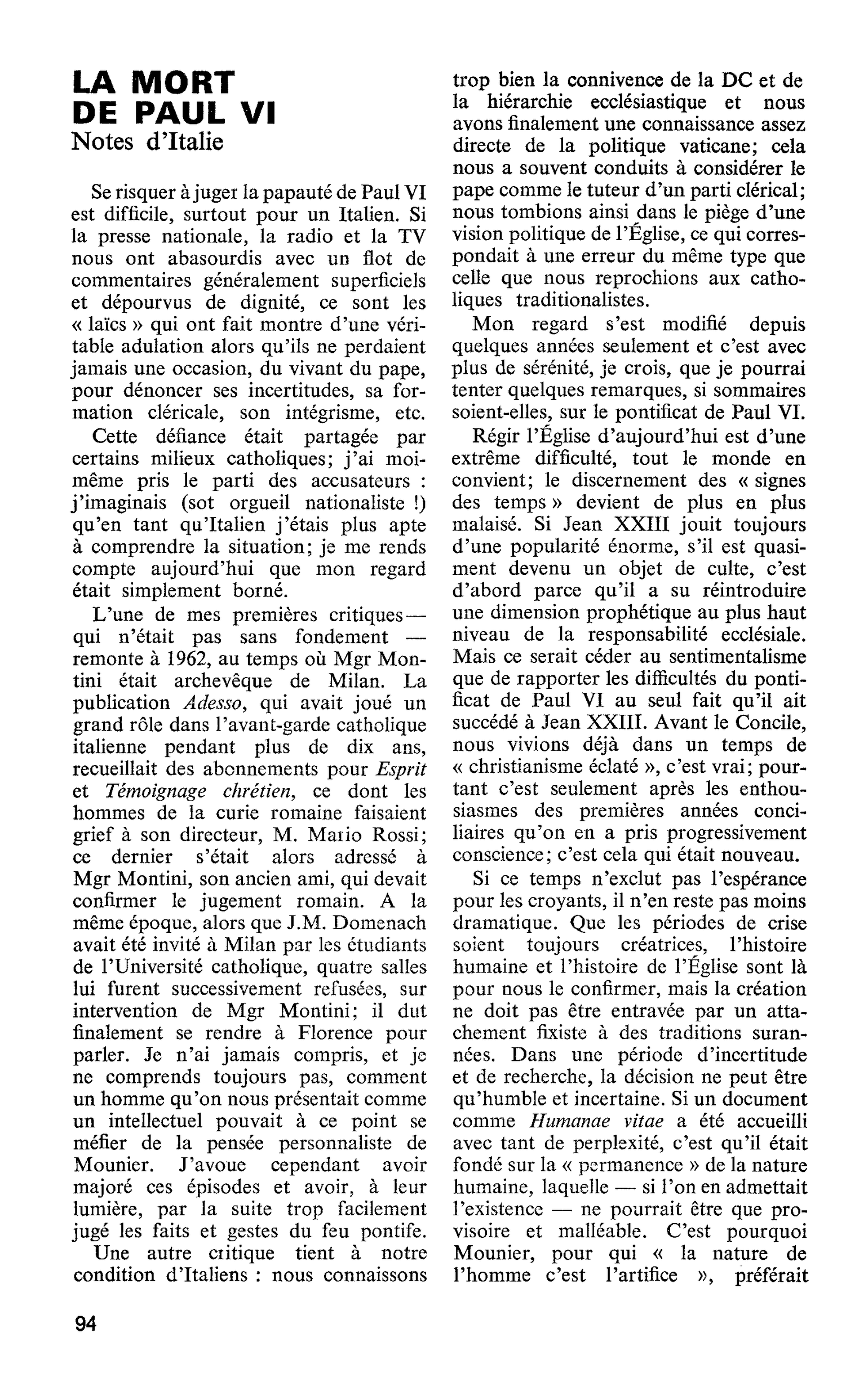 LA MORT DE PAUL VI. Notes d’Italie