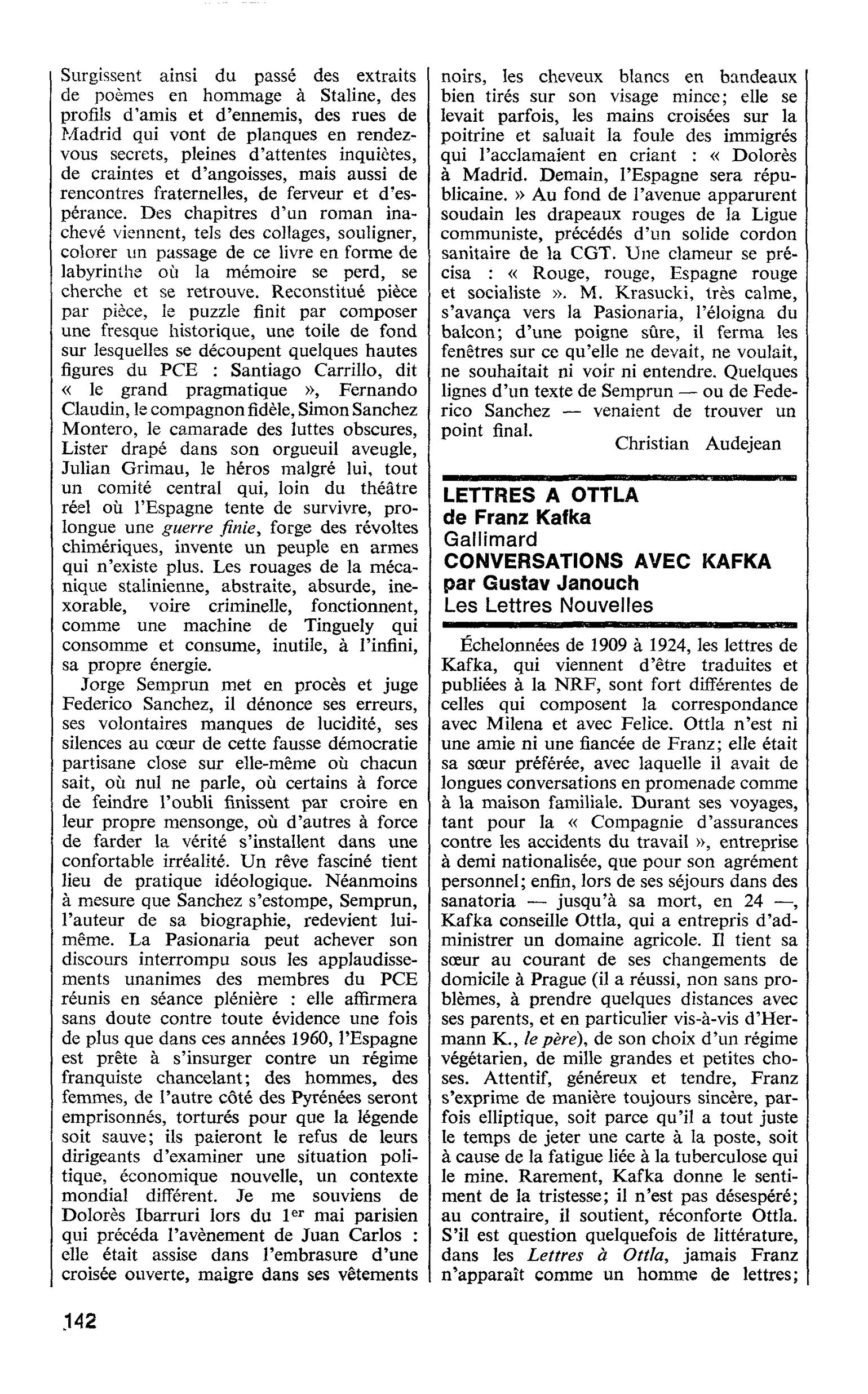 LETTRES A OTTLA de Franz Kafka. CONVERSATIONS AVEC KAFKA par Gustav Janouch