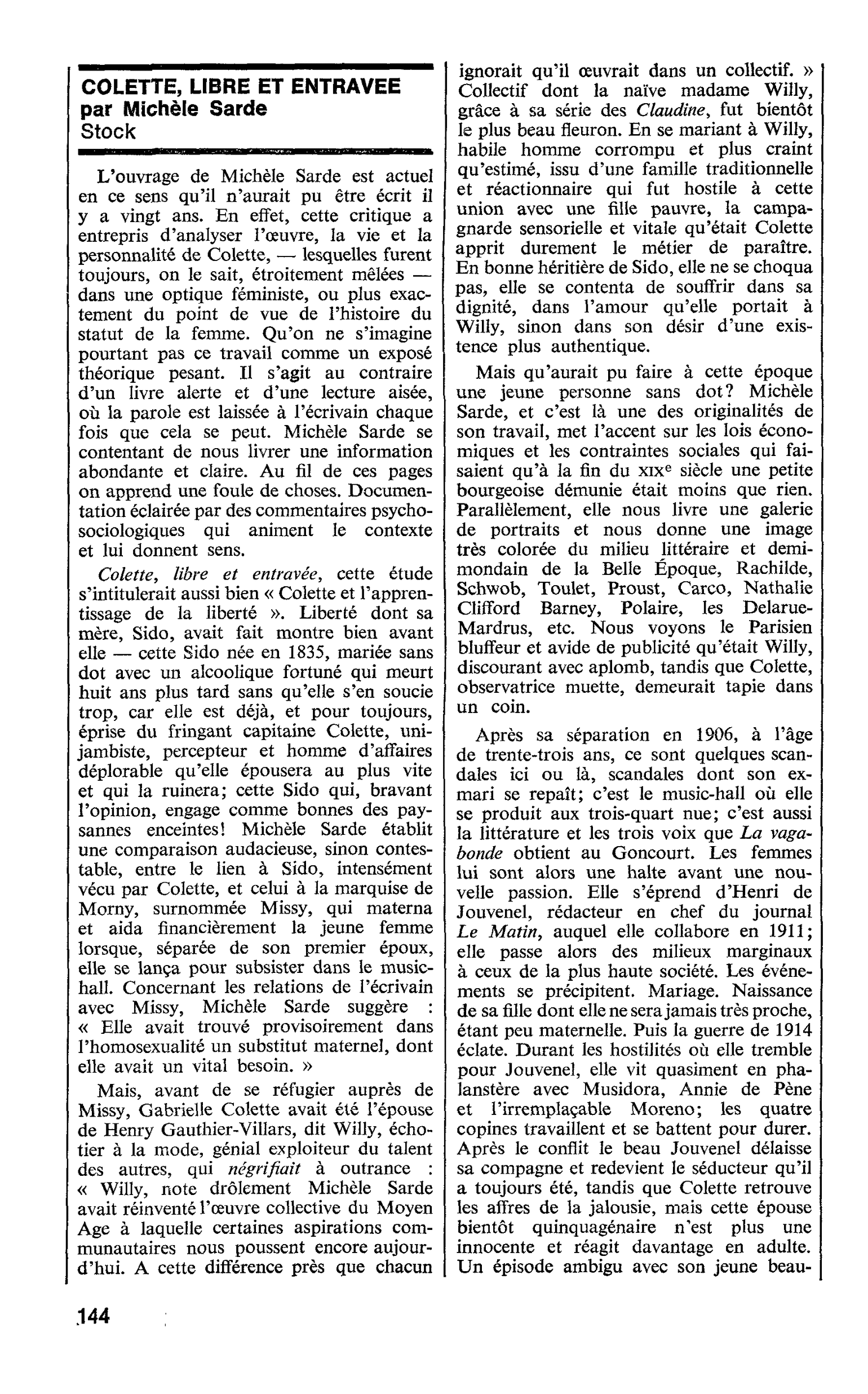 Colette, libre et entravée par Michèle Sarde