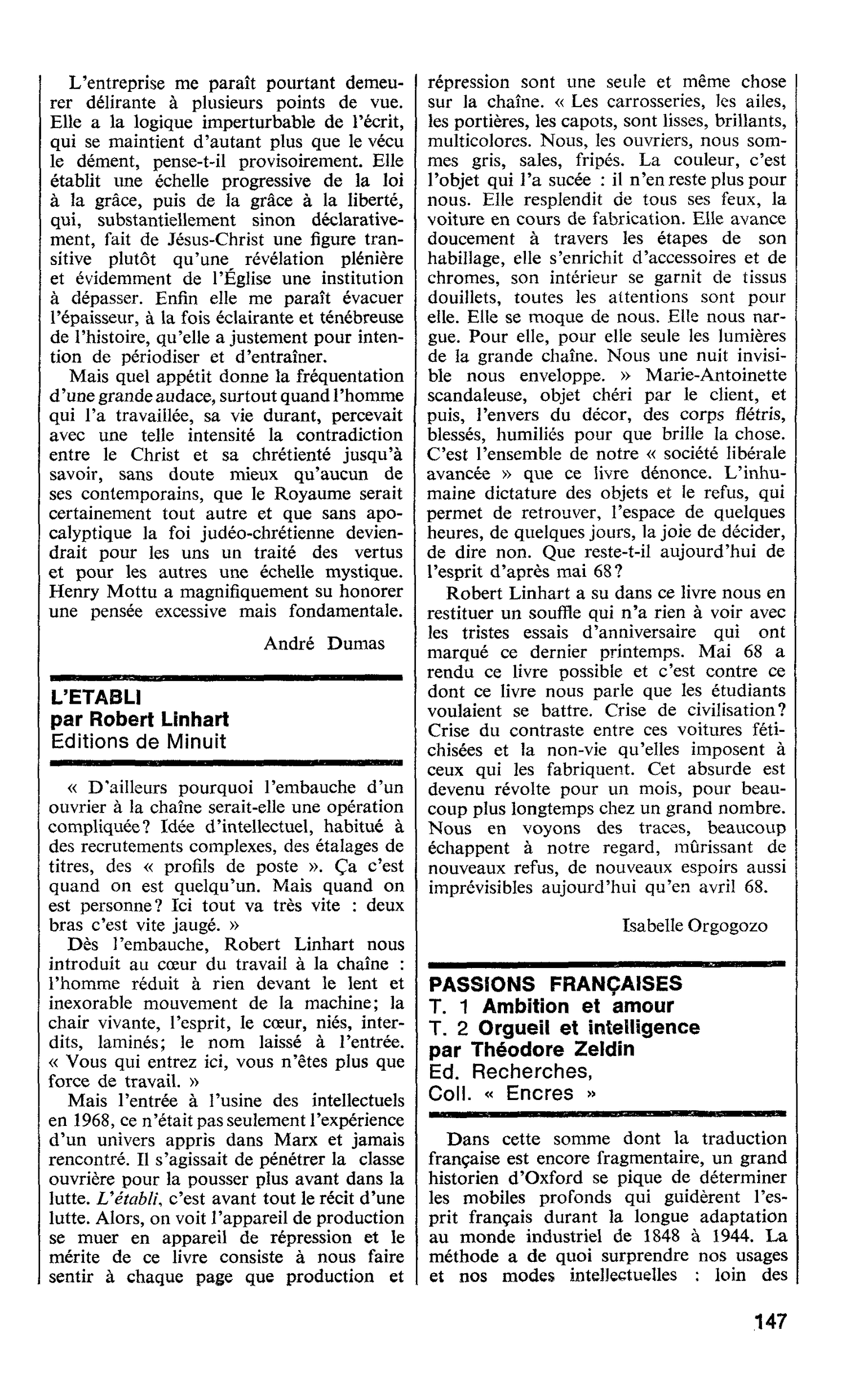 PASSIONS FRANÇAISES, T. 1 Ambition et amour. T. 2 Orgueil et intelligence par Théodore Zeldin