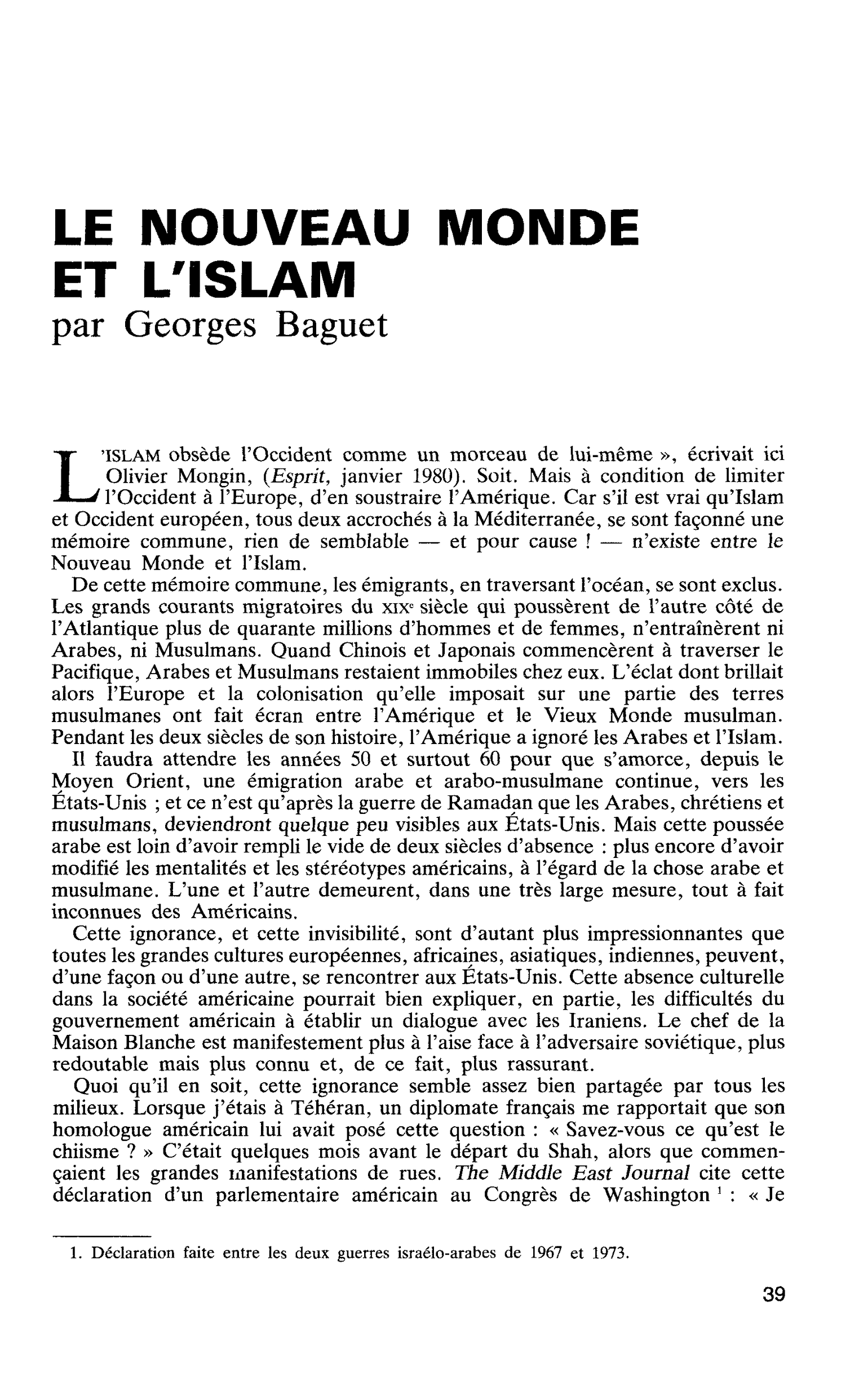 LE NOUVEAU MONDE ET L’ISLAM