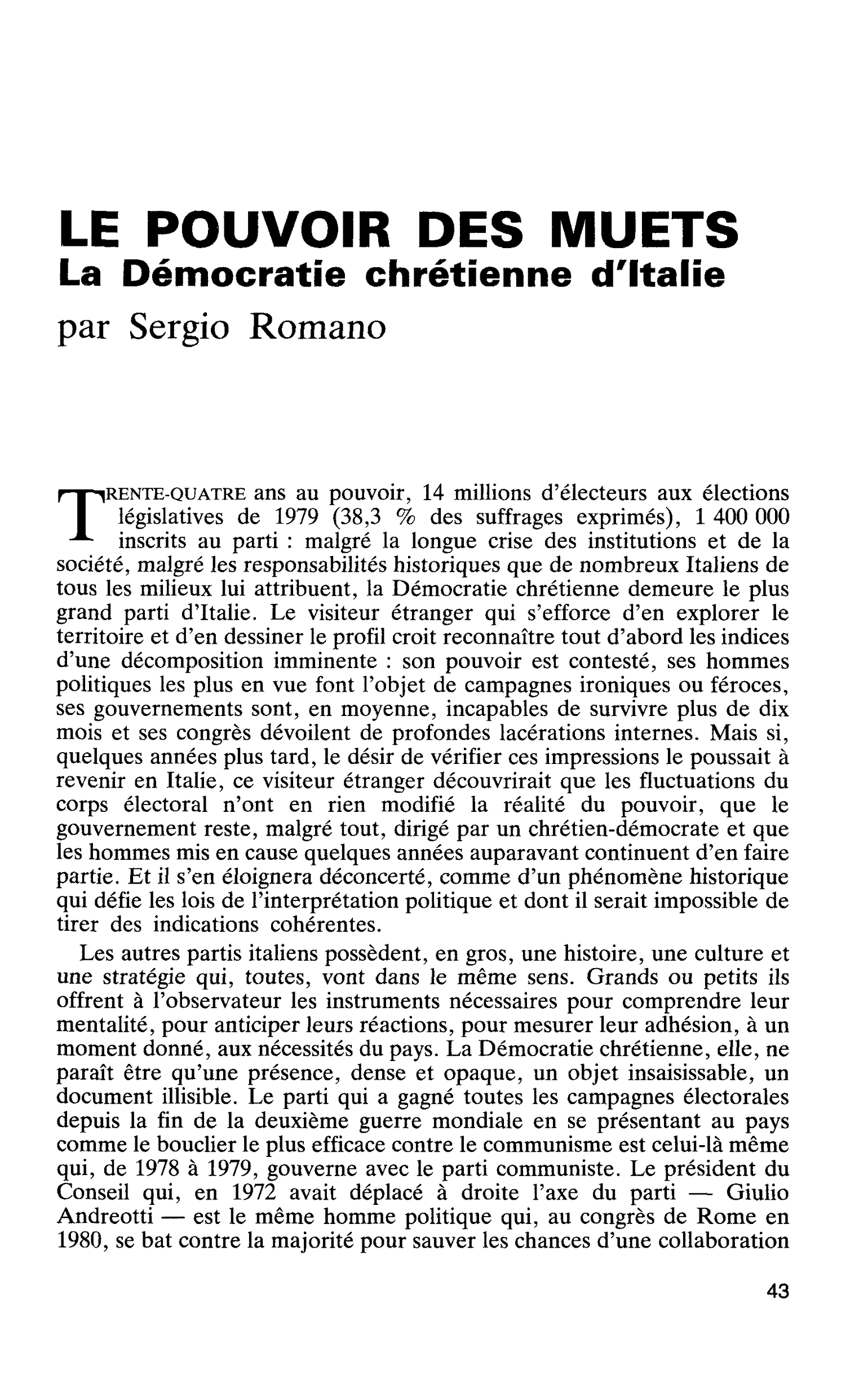LE POUVOIR DES MUETS. La Démocratie chrétienne d’Italie