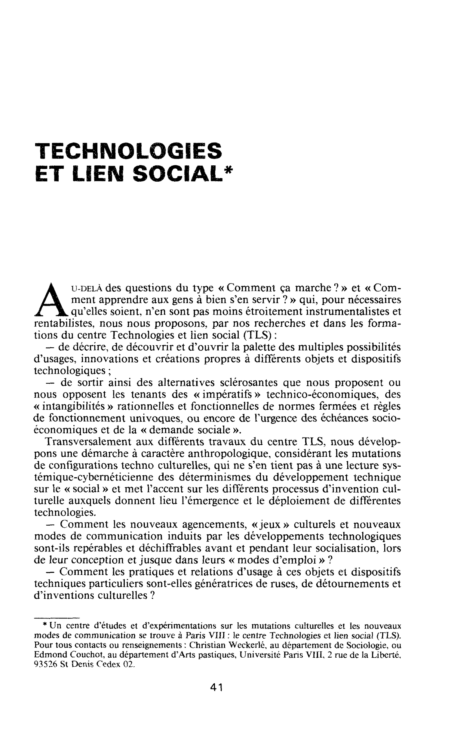 TECHNOLOGIES ET LIEN SOCIAL