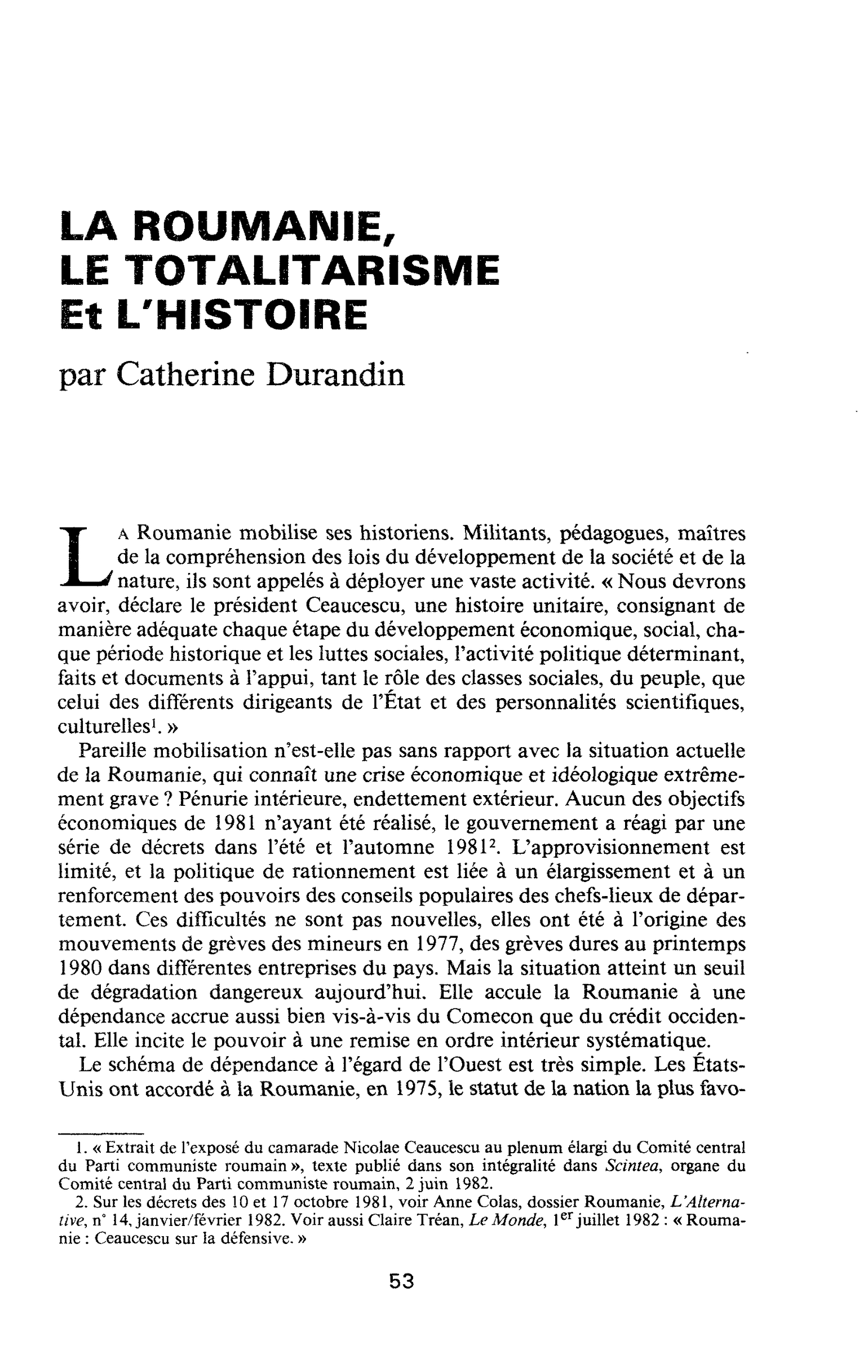 LA ROUMANIE, LE TOTALITARISME ET L’HISTOIRE
