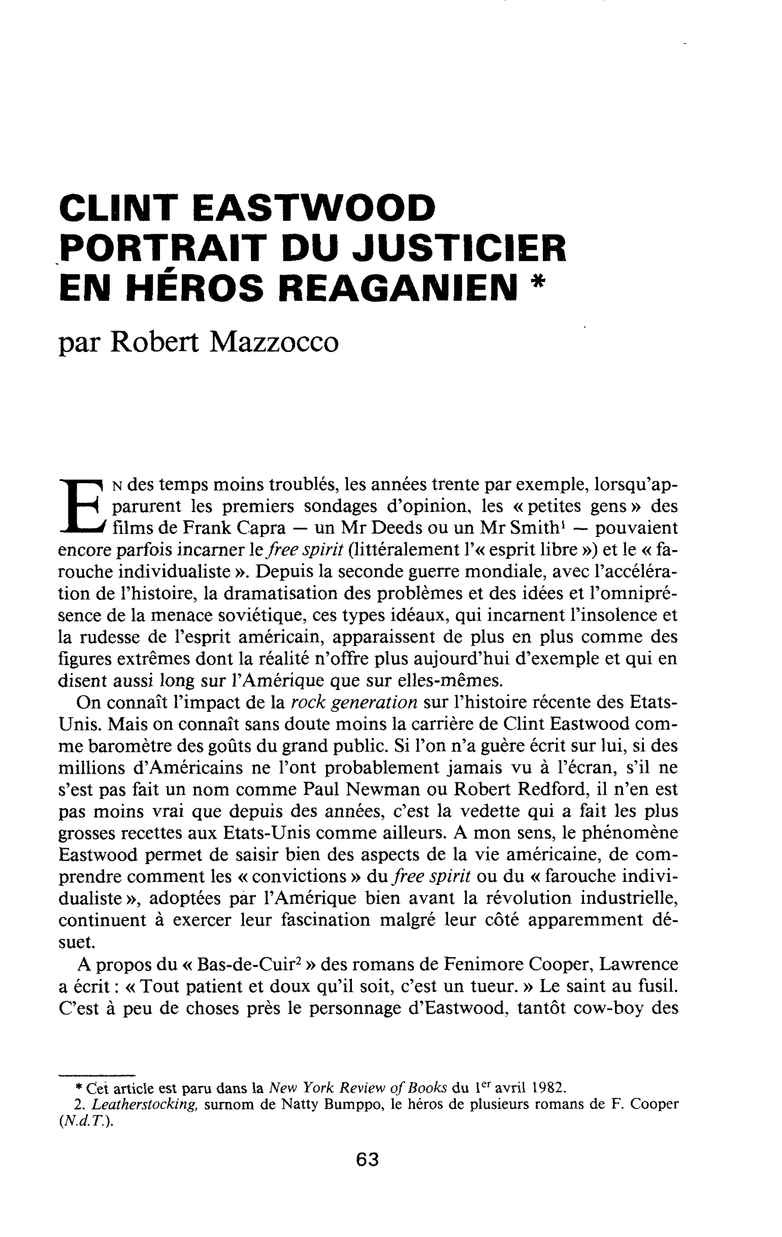 CLINT EASTWOOD. PORTRAIT DU JUSTICIER EN HÉROS REAGANIEN