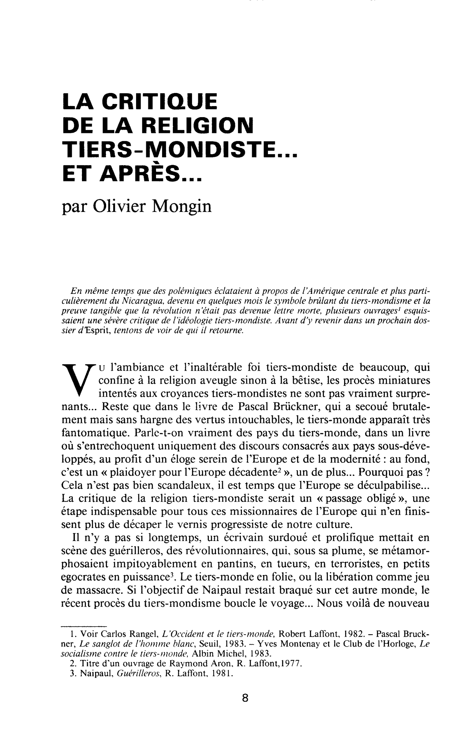 LA CRITIQUE DE LA RELIGION TIERS-MONDISTE… ET APRÈS…