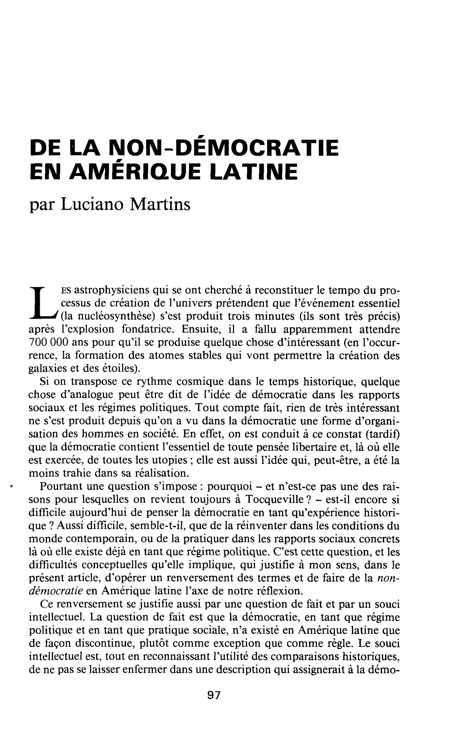 DE LA NON-DÉMOCRATIE EN AMÉRIQUE LATINE