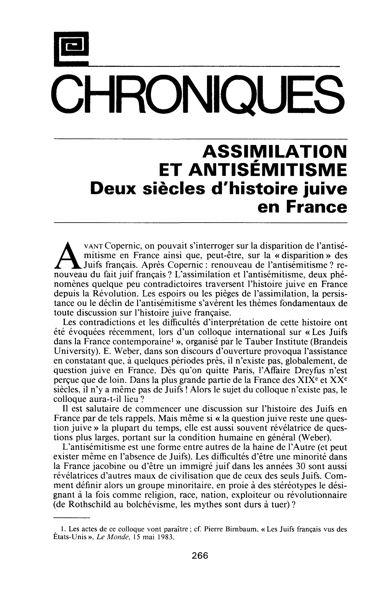 ASSIMILATION ET ANTISÉMITISME. Deux siècles d’histoire juive en France