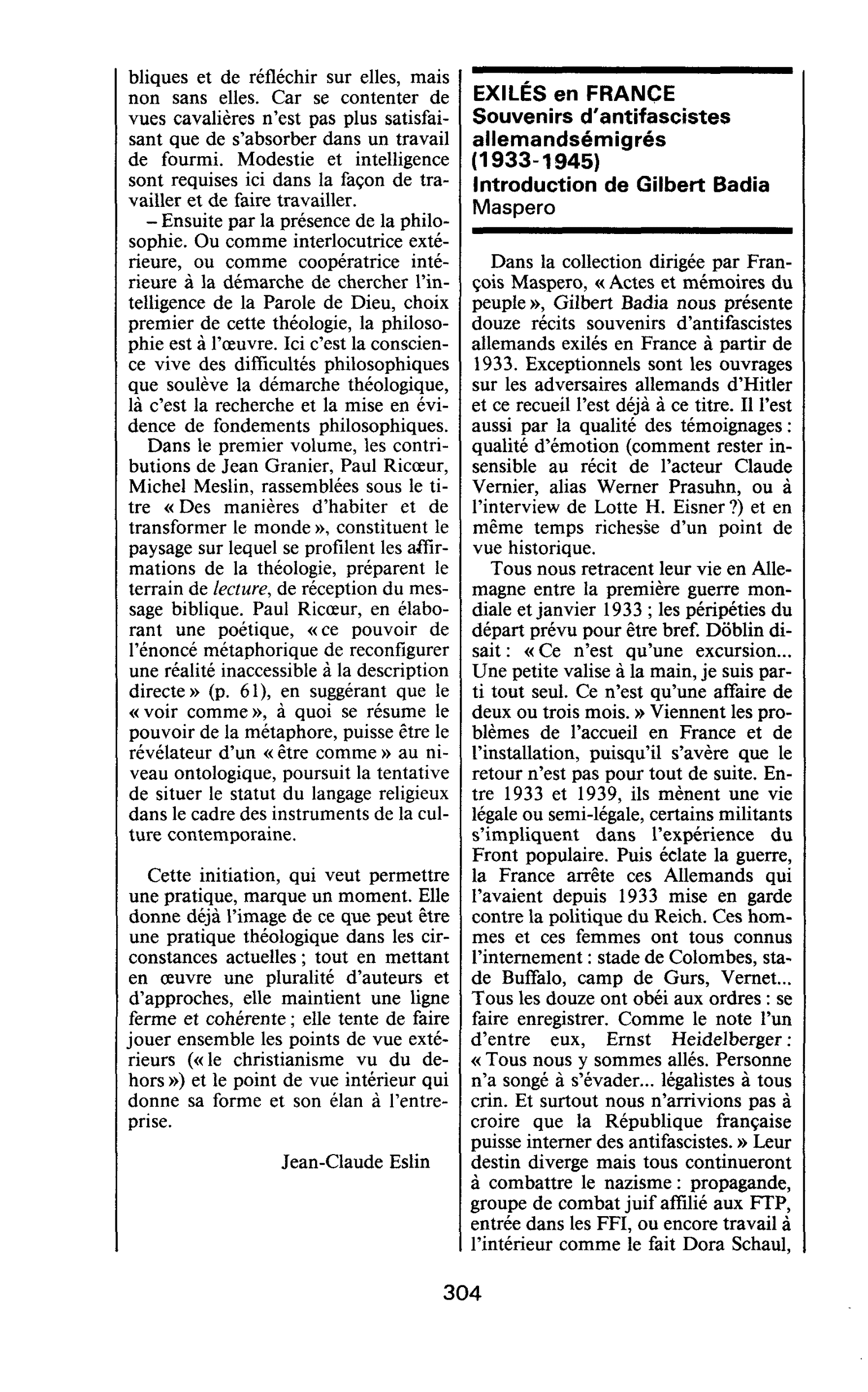 EXILÉS en FRANCE. Souvenirs d’antifascistes allemands émigrés (1933-1945) Introduction de Gilbert Badia