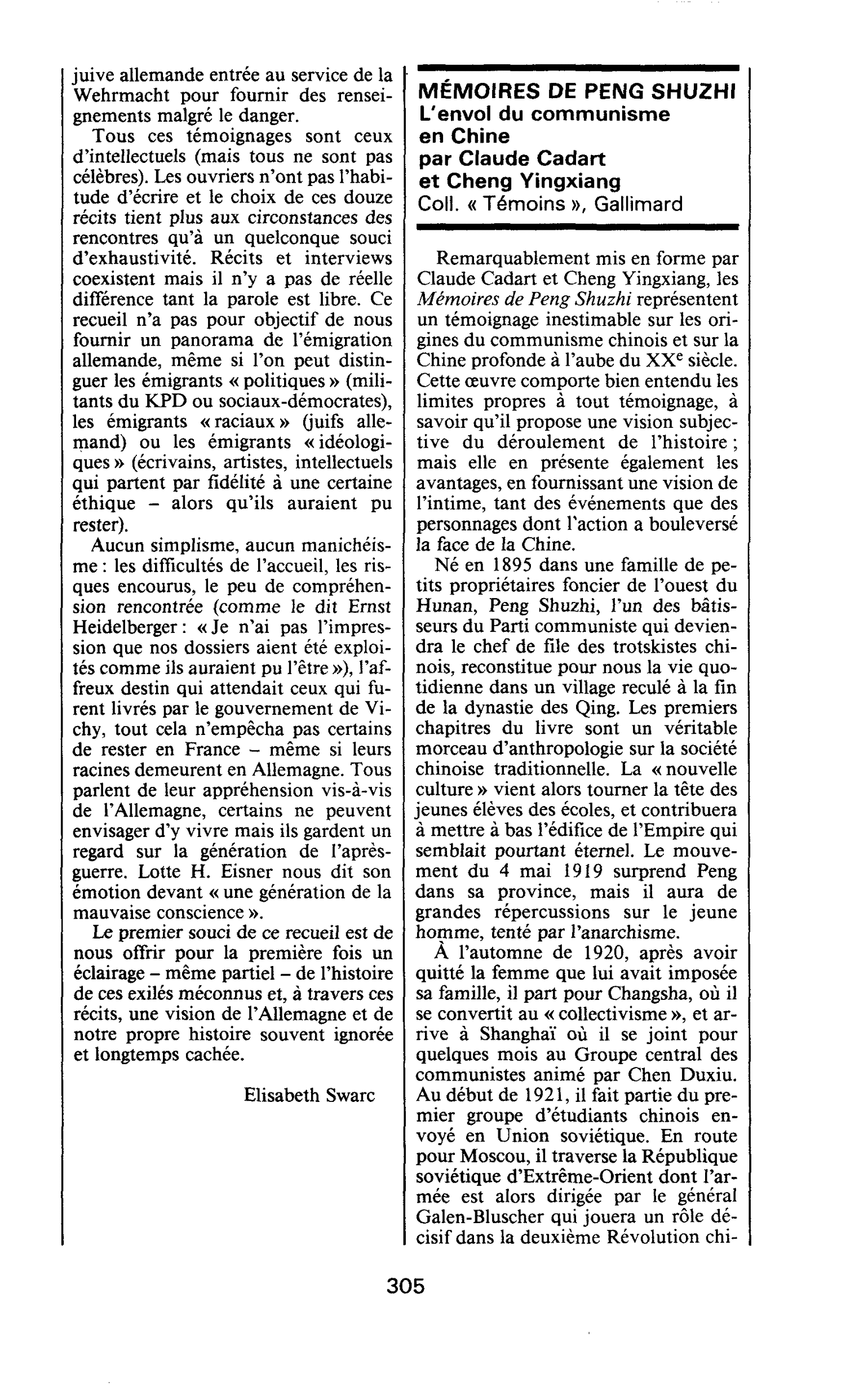 MEMOIRES DE PENG SHUZHI. L’envol du communisme en Chine par Claude Cadart et Cheng Yingxiang