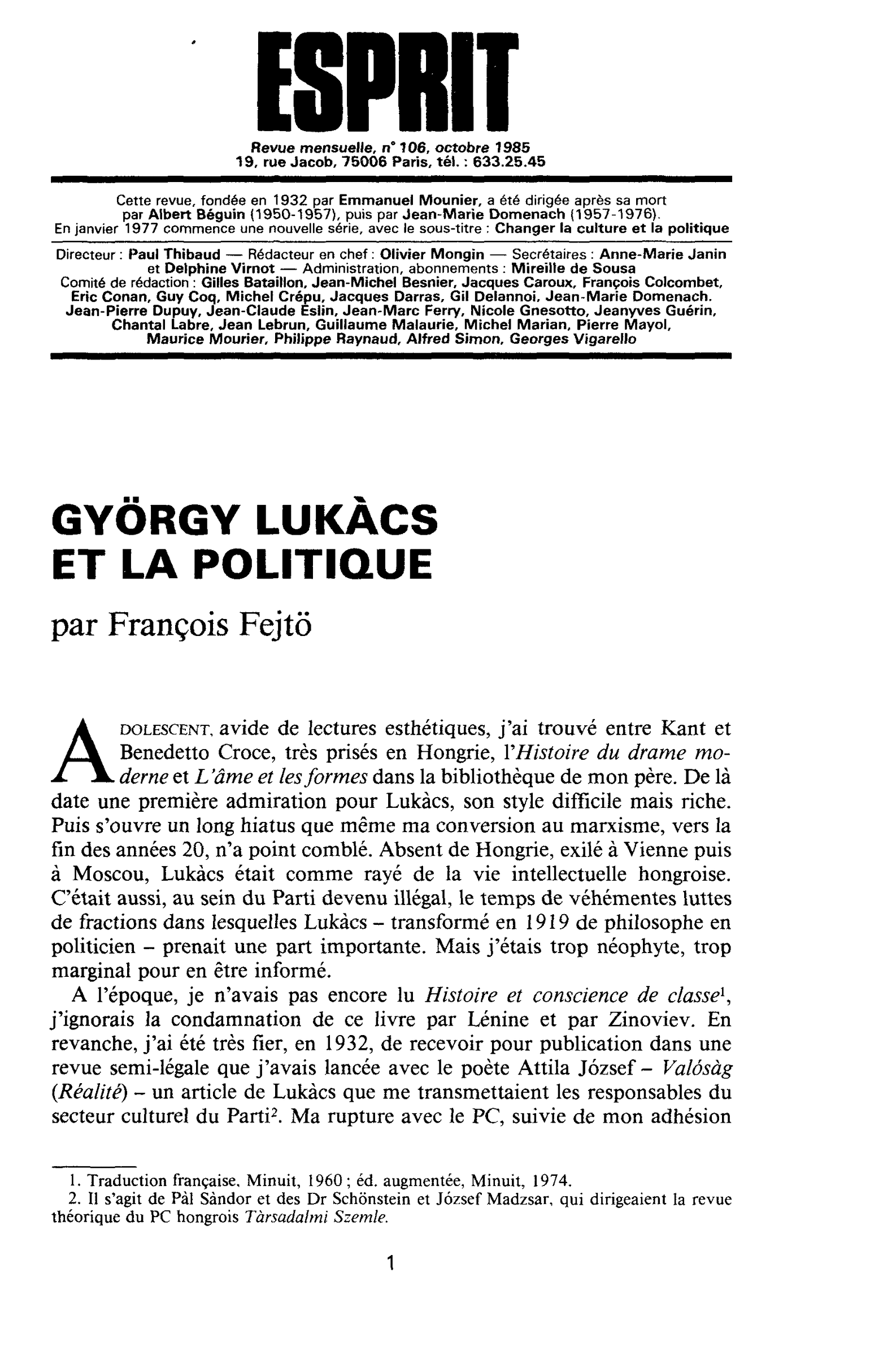 Gyorhy Lukacs et la politique