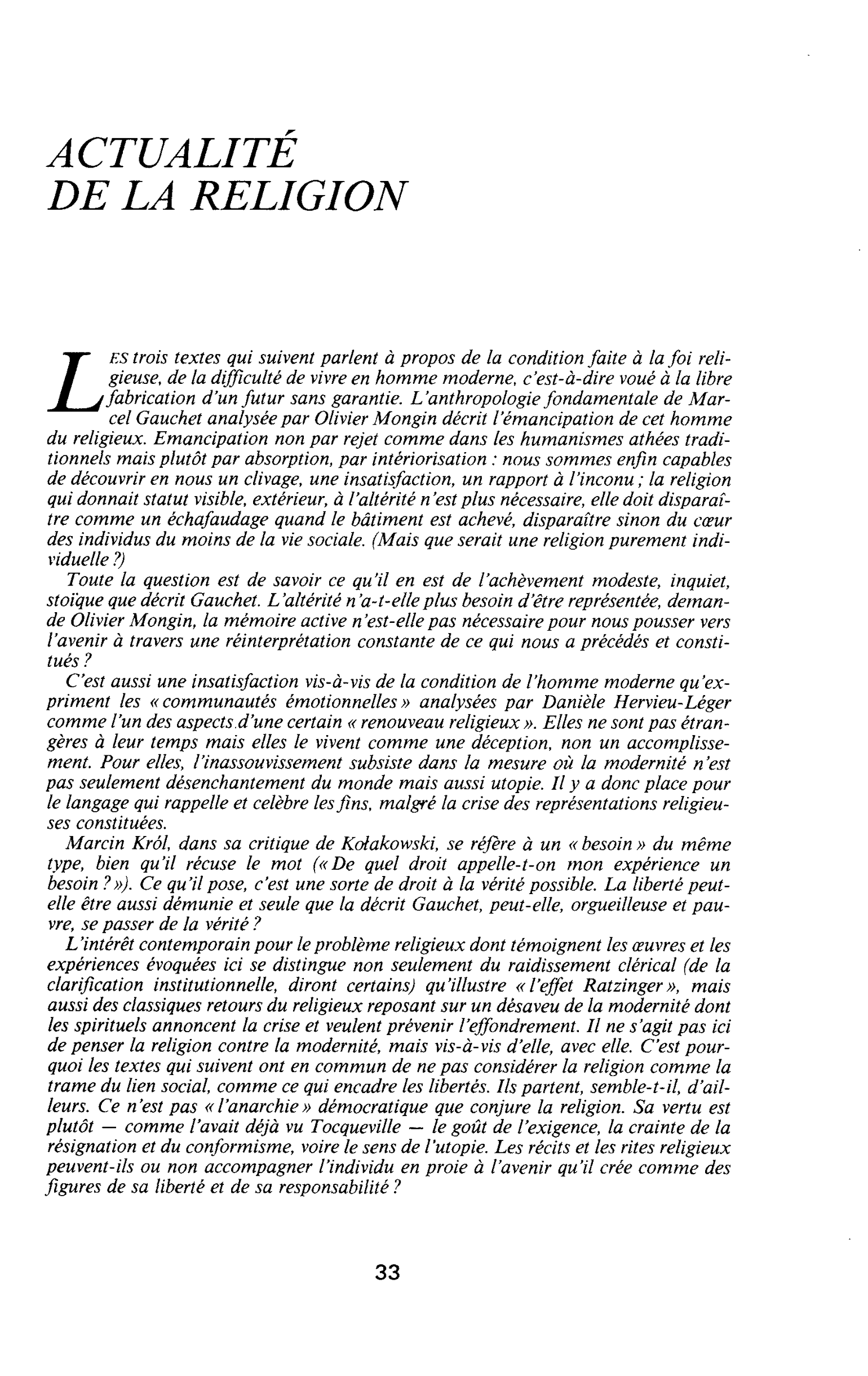 ACTUALITÉ DE LA RELIGION