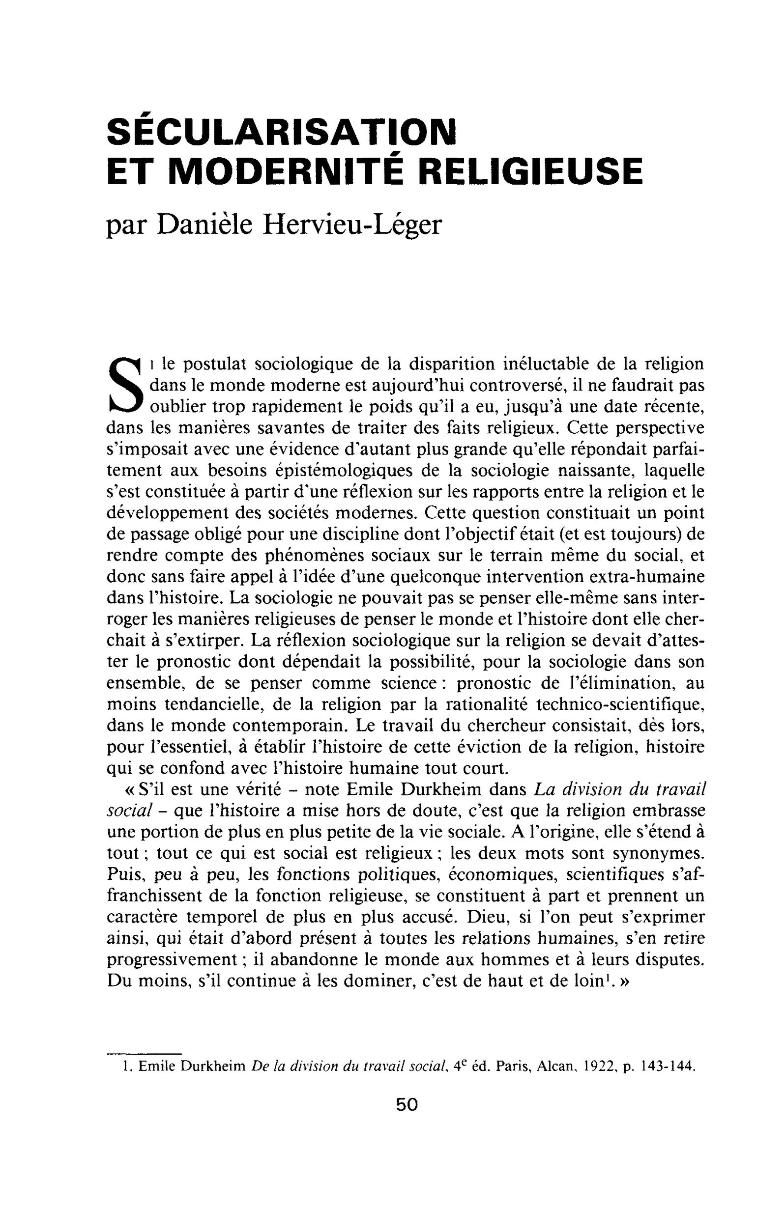SÉCULARISATION ET MODERNITÉ RELIGIEUSE