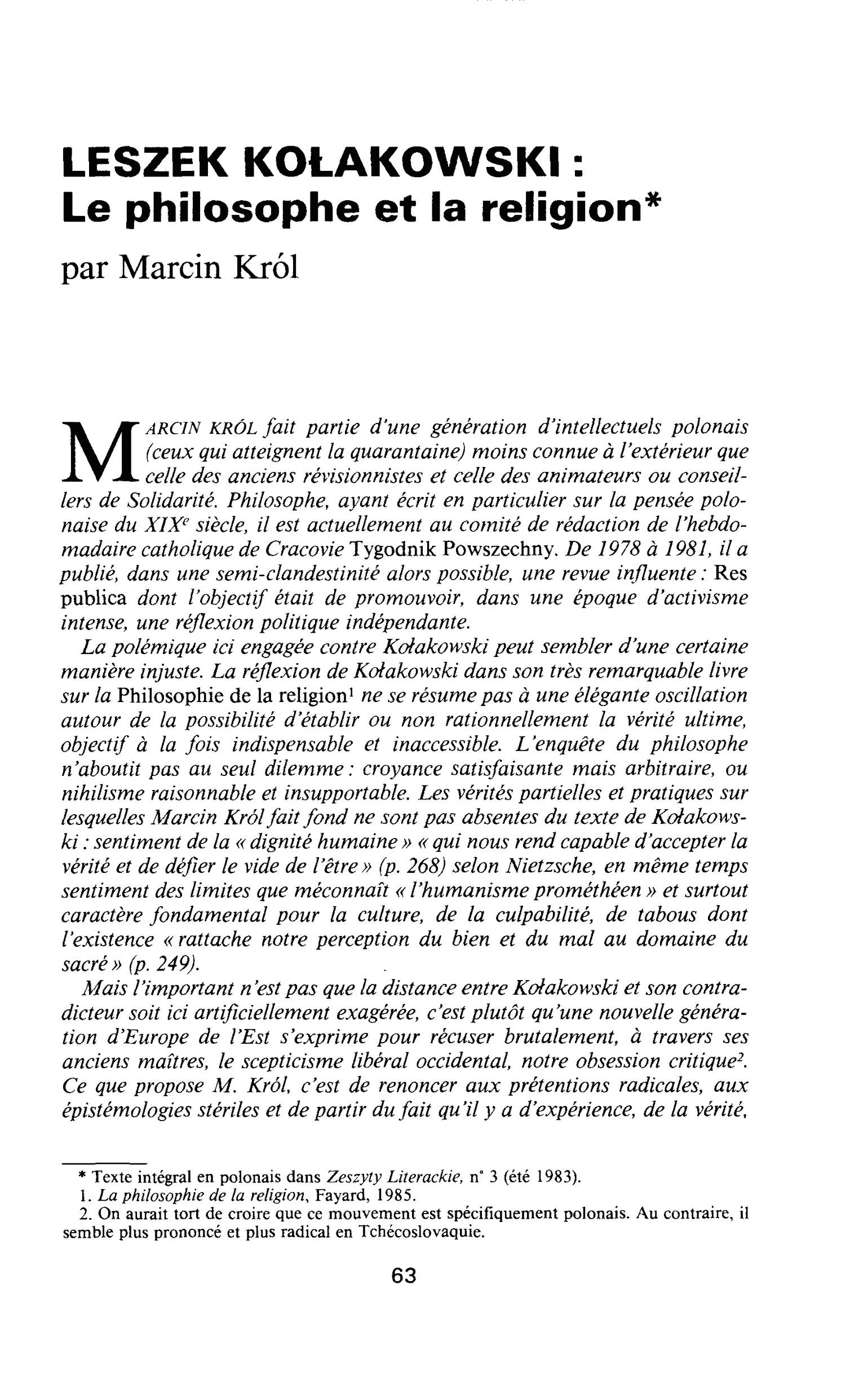 LESZEK KOLAKOWSKI : Le philosophe et la religion