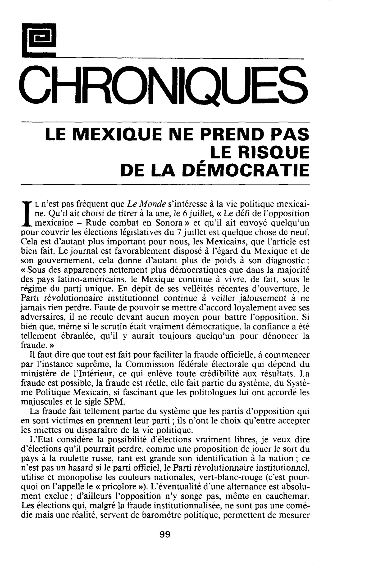 LE MEXIQUE NE PREND PAS LE RISQUE DE LA DÉMOCRATIE