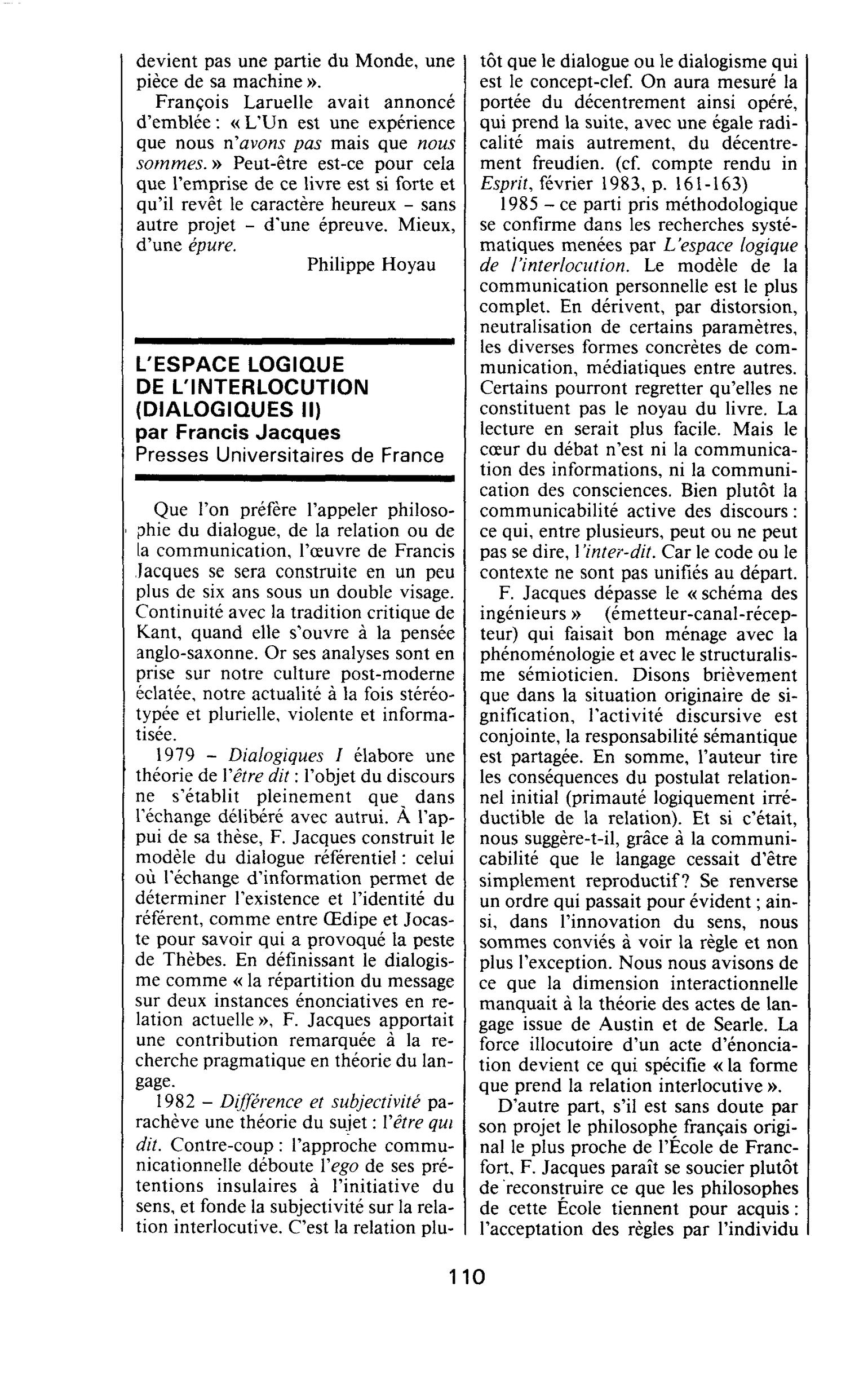 L’ESPACE LOGIQUE DE L’INTERLOCUTION (DIALOGIQUES II) par Francis Jacques