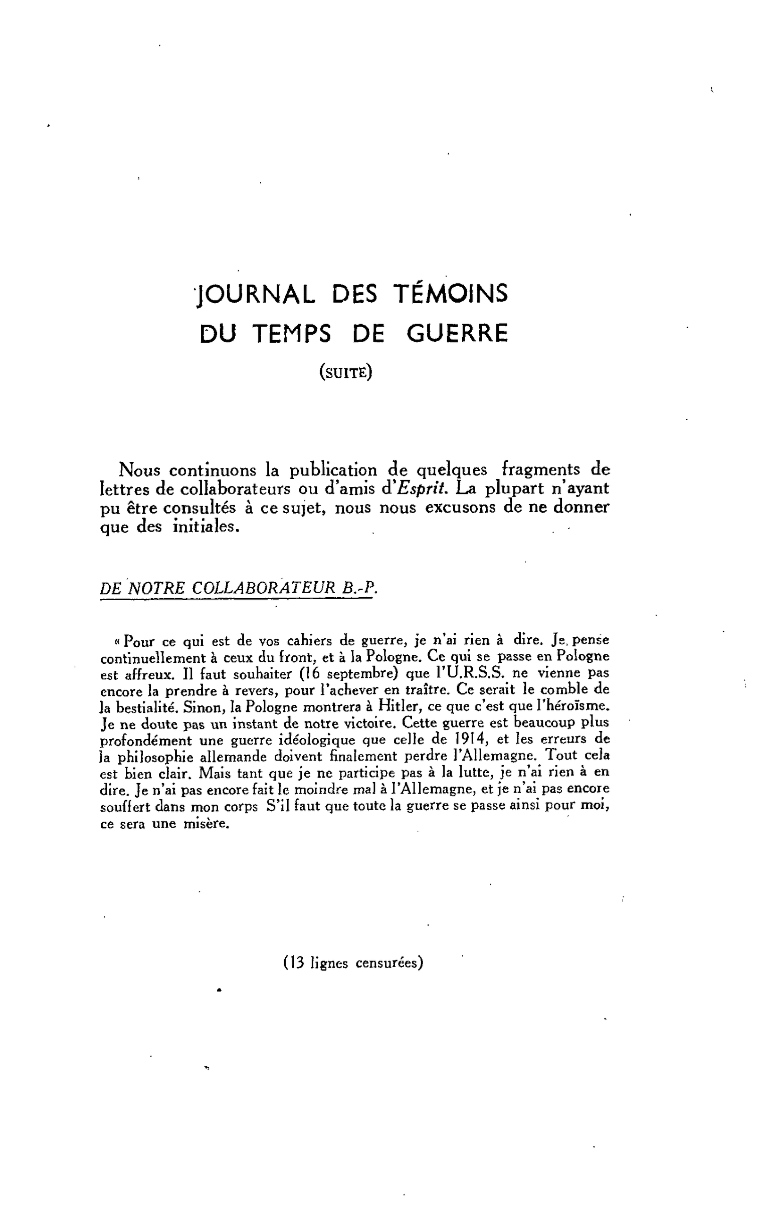 JOURNAL DES TÉMOINS DU TEMPS DE GUERRE (suite)