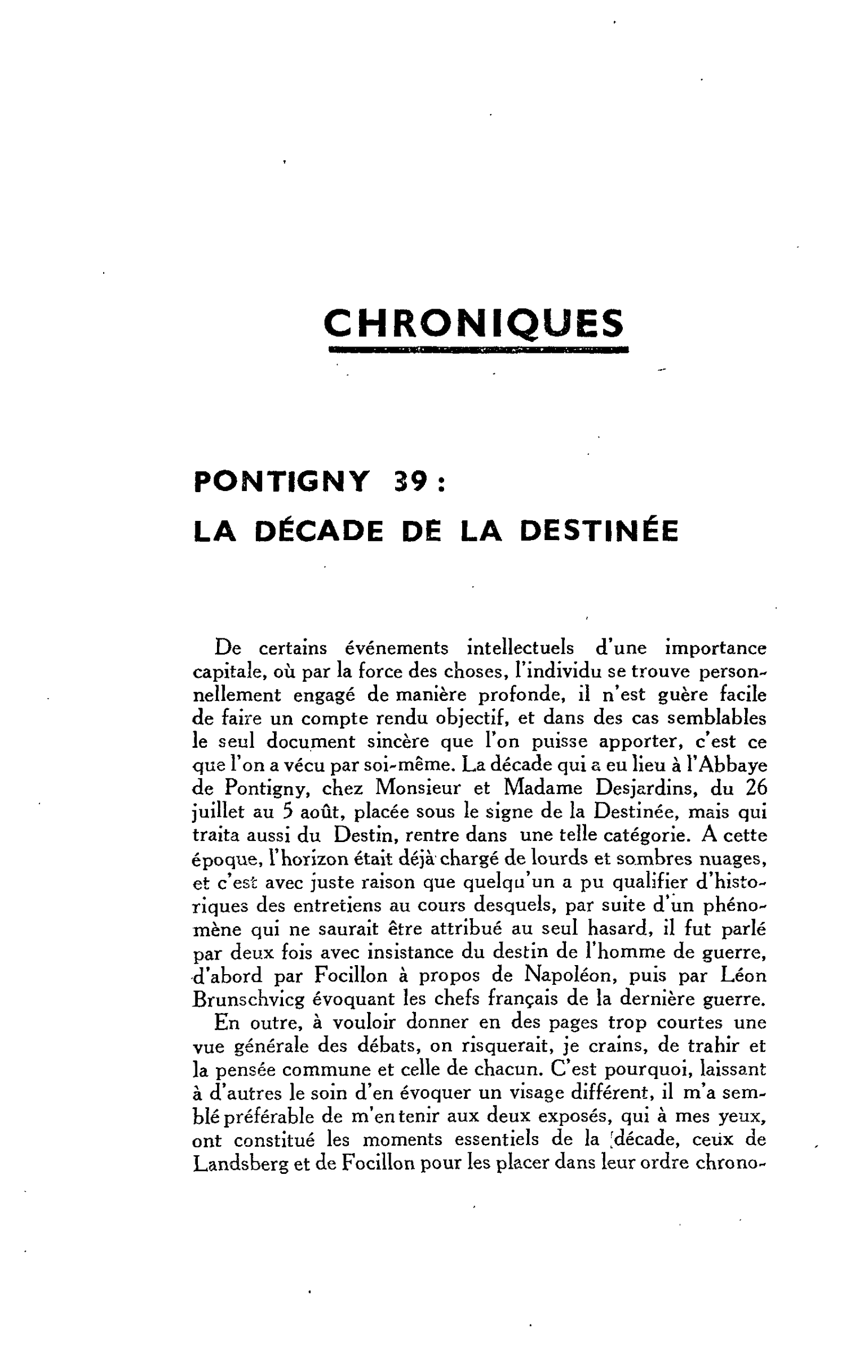 PONTIGNY 39 : LA DÉCADE DE LA DESTINÉE