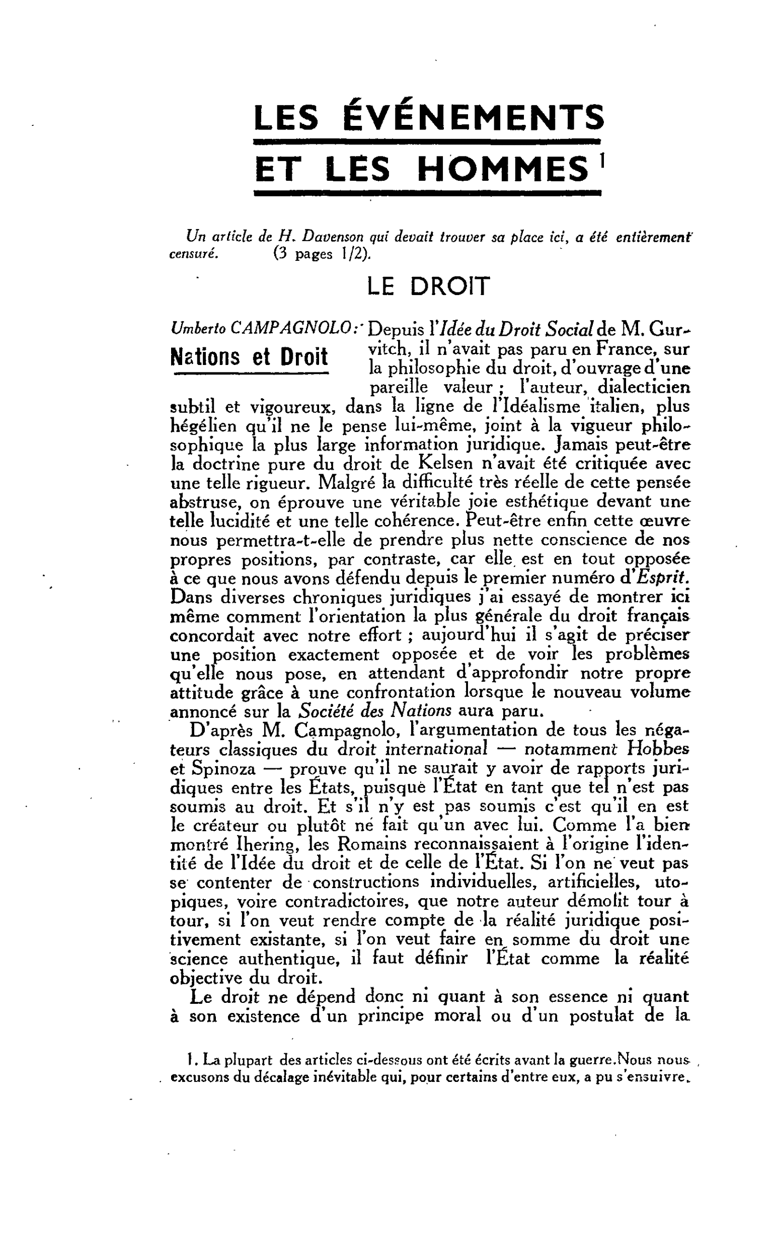 Le droit. Umberto Campagnolo : Nations et Droit