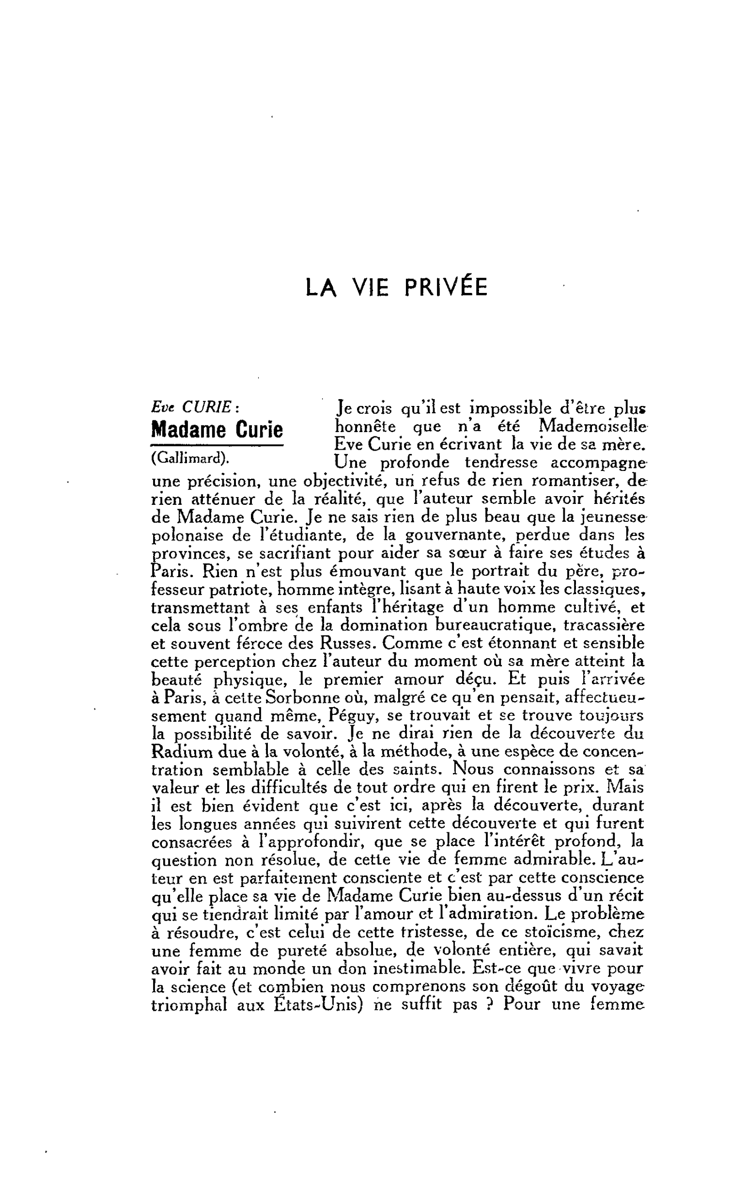 LA VIE PRIVÉE Eve CURIE: Madame Curie