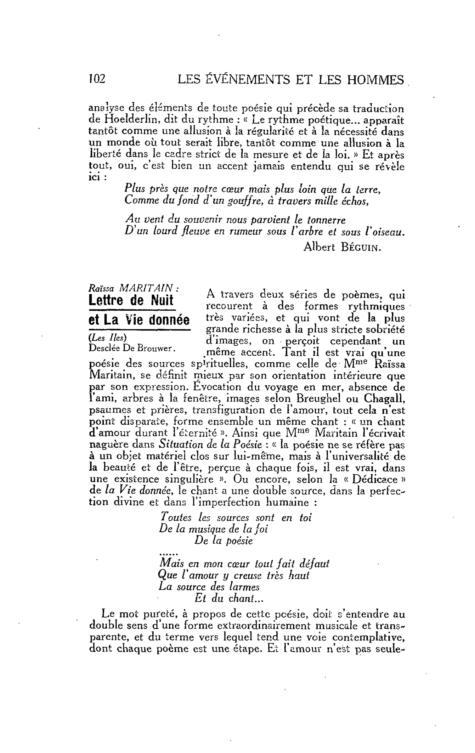Raïssa MARITAIN : Lettre de Nuit et La Vie donnée