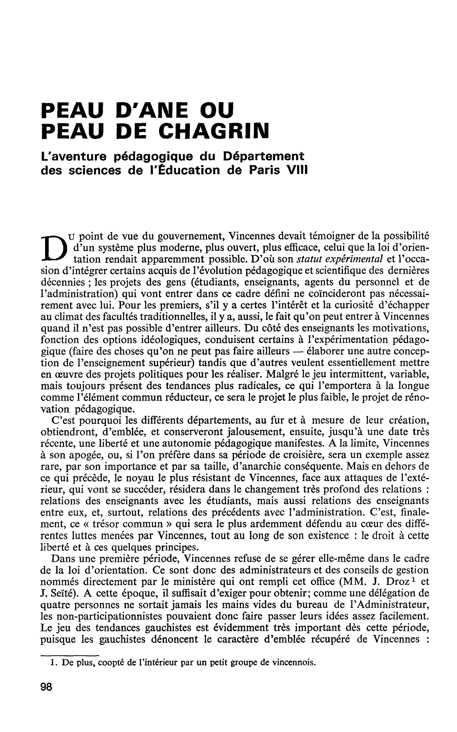 PEAU D’ANE OU PEAU DE CHAGRIN. L’aventure pédagogique du Département des sciences de l’Éducation de Paris VIII