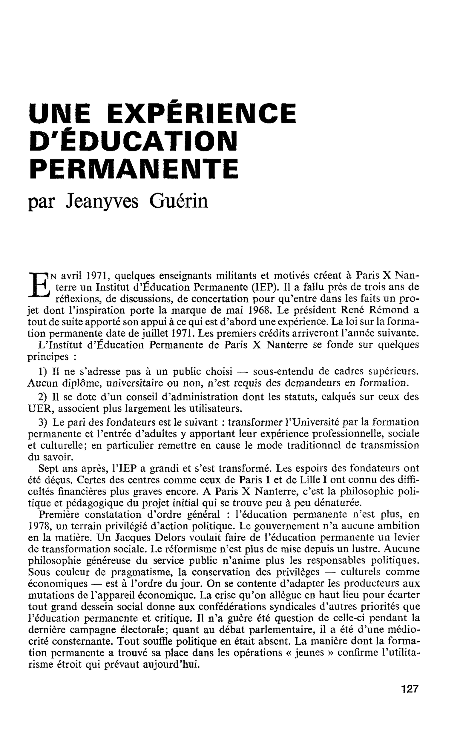 UNE EXPÉRIENCE D’ÉDUCATION PERMANENTE