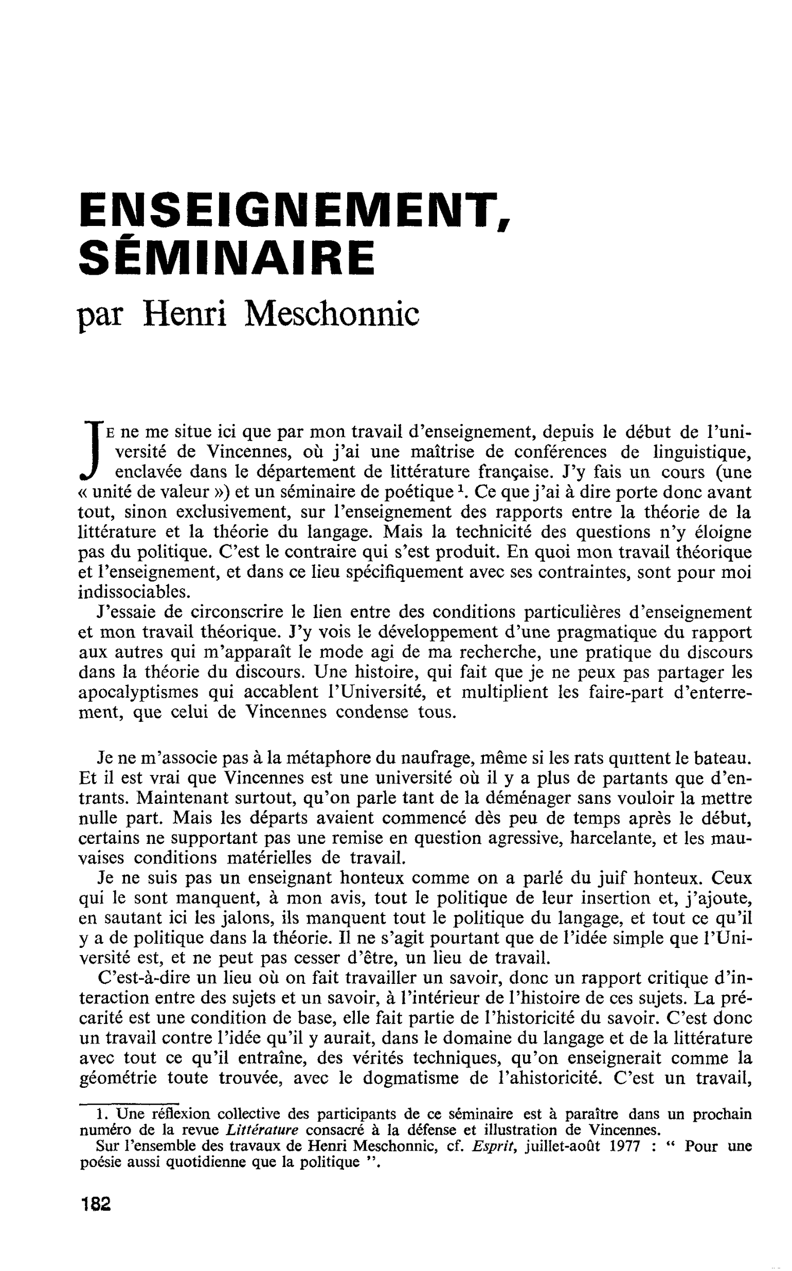 ENSEIGNEMENT, SÉMINAIRE